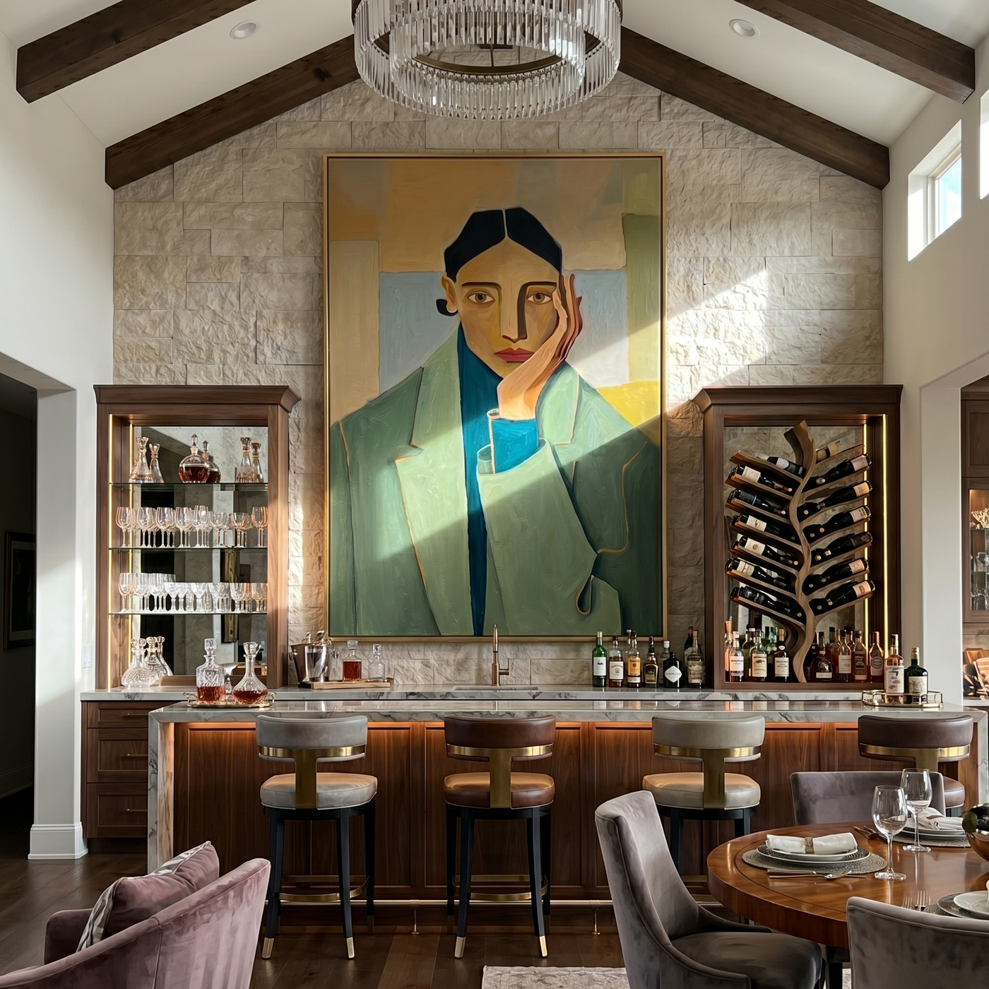 Green Blazer Quiet Hour — Green Blazer Portrait Painting | Retro Modern Vertical Wall Art – green and brown and gold retro modern fashion art, vertical hand-painted canvas art – view 3
