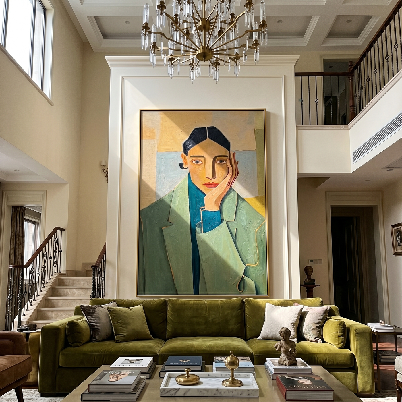 Green Blazer Quiet Hour — Green Blazer Portrait Painting | Retro Modern Vertical Wall Art – green and brown and gold retro modern fashion art, vertical hand-painted canvas art – view 4