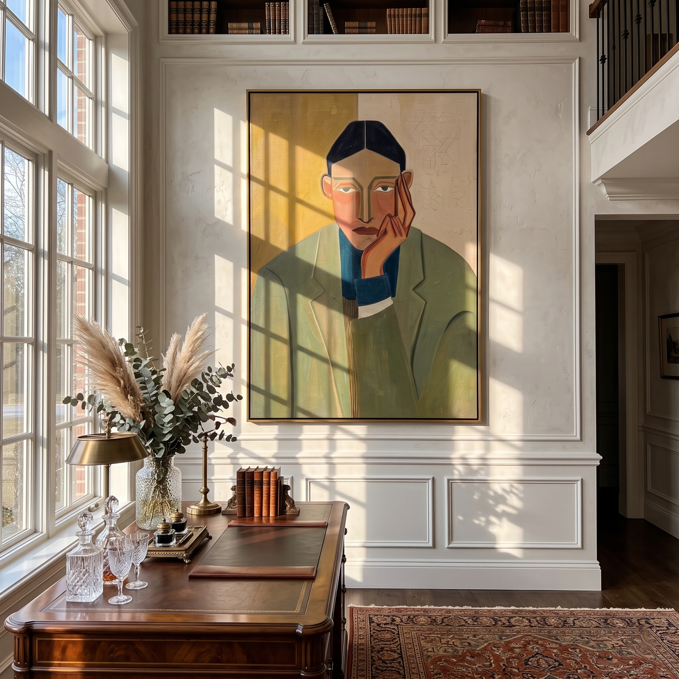 Olive Waits by Evening — Olive Blazer Portrait Painting | Retro Modern Vertical Wall Art – brown and gold retro modern fashion art, vertical hand-painted canvas art – view 4