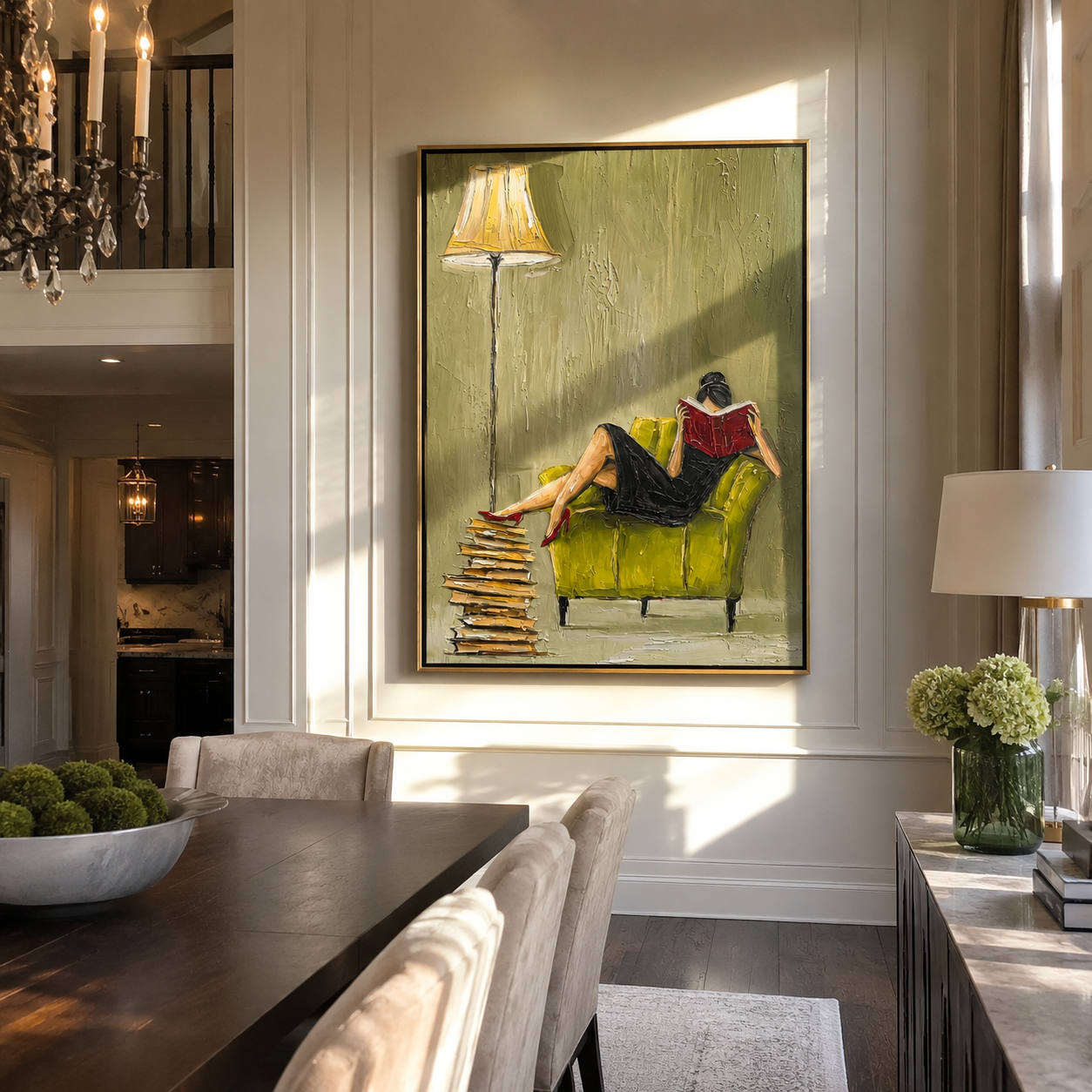 Books Beneath the Lamplight — Reading Chair Interior Painting | Retro Modern Vertical Wall Art – brown and gold retro modern fashion art, vertical hand-painted canvas art – view 2