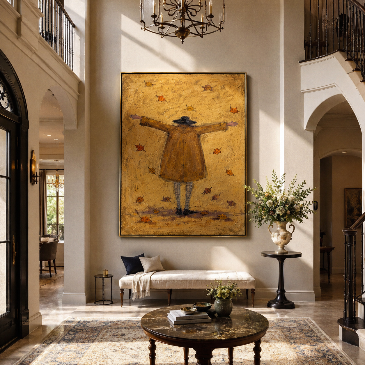 Autumn Air Opens Her Arms - golden raincoat figure painting by Hannah Brooks, minimalist figurative vertical wall art – styled room scene view 1