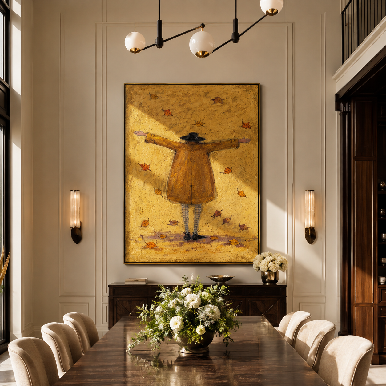 Autumn Air Opens Her Arms - golden raincoat figure painting by Hannah Brooks, minimalist figurative vertical wall art – styled room scene view 2