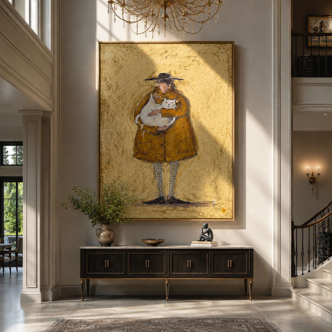 Golden Coat Holds a White Cat - oversized cat portrait painting by Hannah Brooks, minimalist figurative vertical wall art – styled room scene view 1