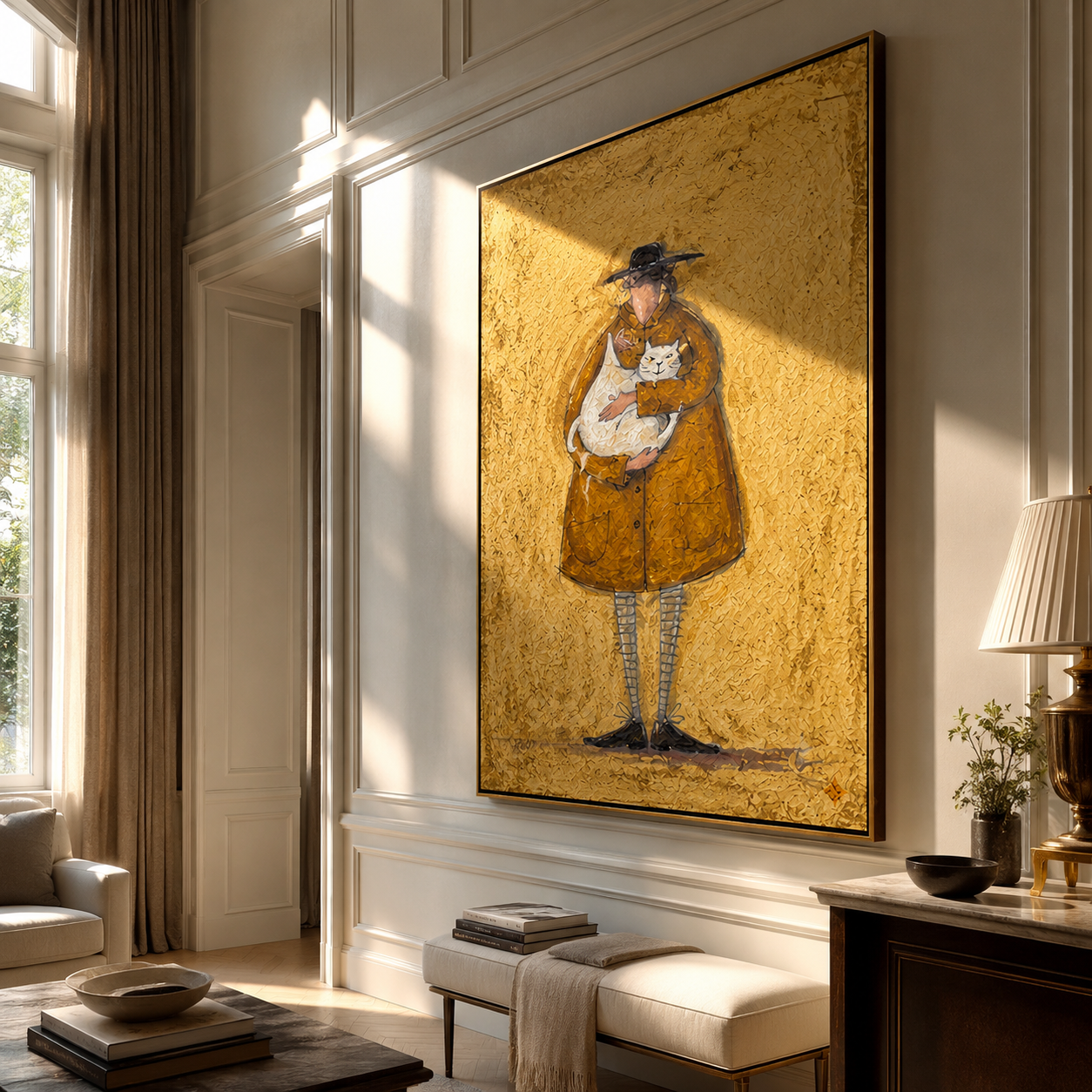 Golden Coat Holds a White Cat - oversized cat portrait painting by Hannah Brooks, minimalist figurative vertical wall art – styled room scene view 2