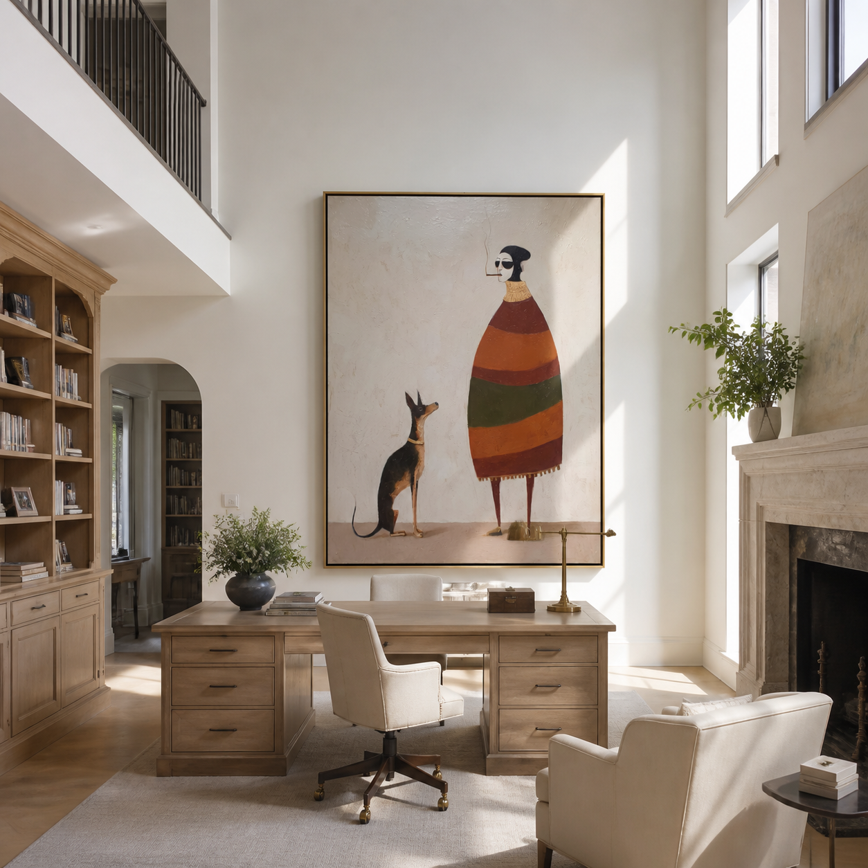 Striped Warmth Waits beside the Dog - smoking figure and dog painting by Hannah Brooks, minimalist figurative vertical wall art – styled room scene view 3