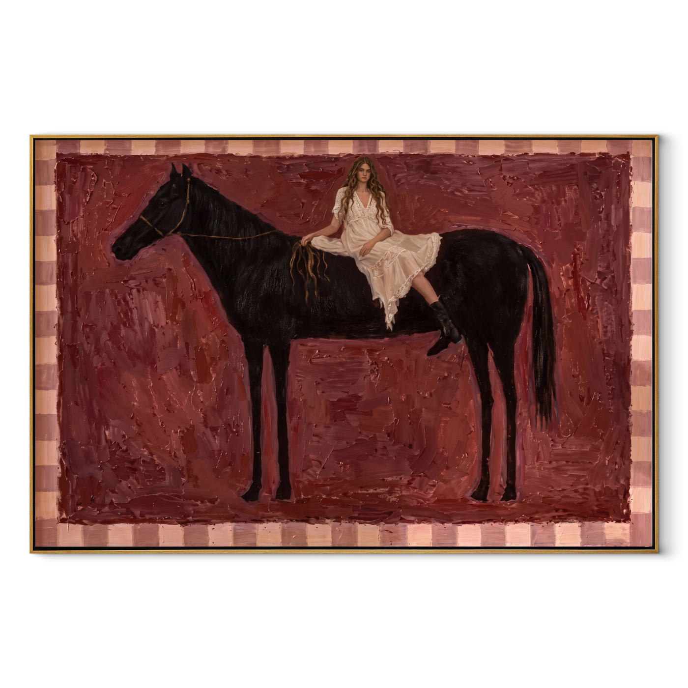 White Lace Rests on the Black Horse - woman and horse painting by Hannah Brooks, minimalist figurative horizontal wall art – wood frame on white background