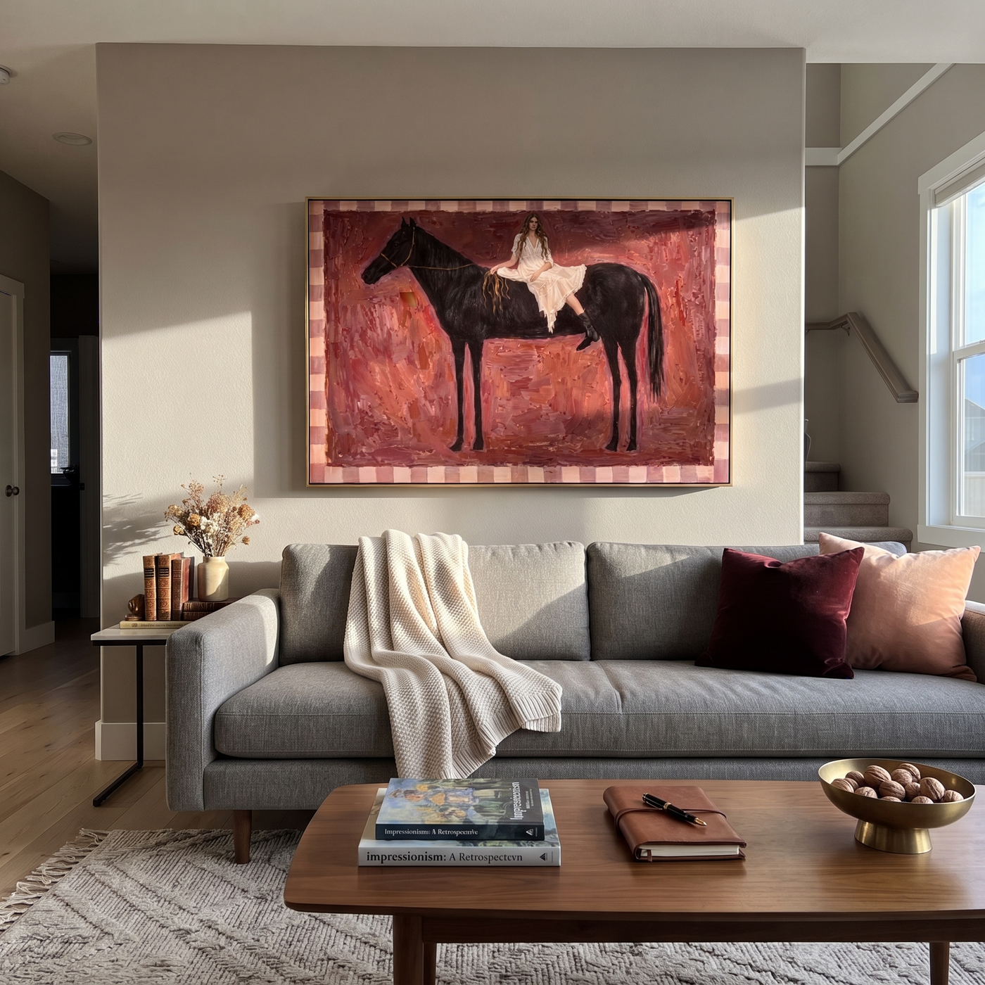 White Lace Rests on the Black Horse - woman and horse painting by Hannah Brooks, minimalist figurative horizontal wall art – styled room scene view 3