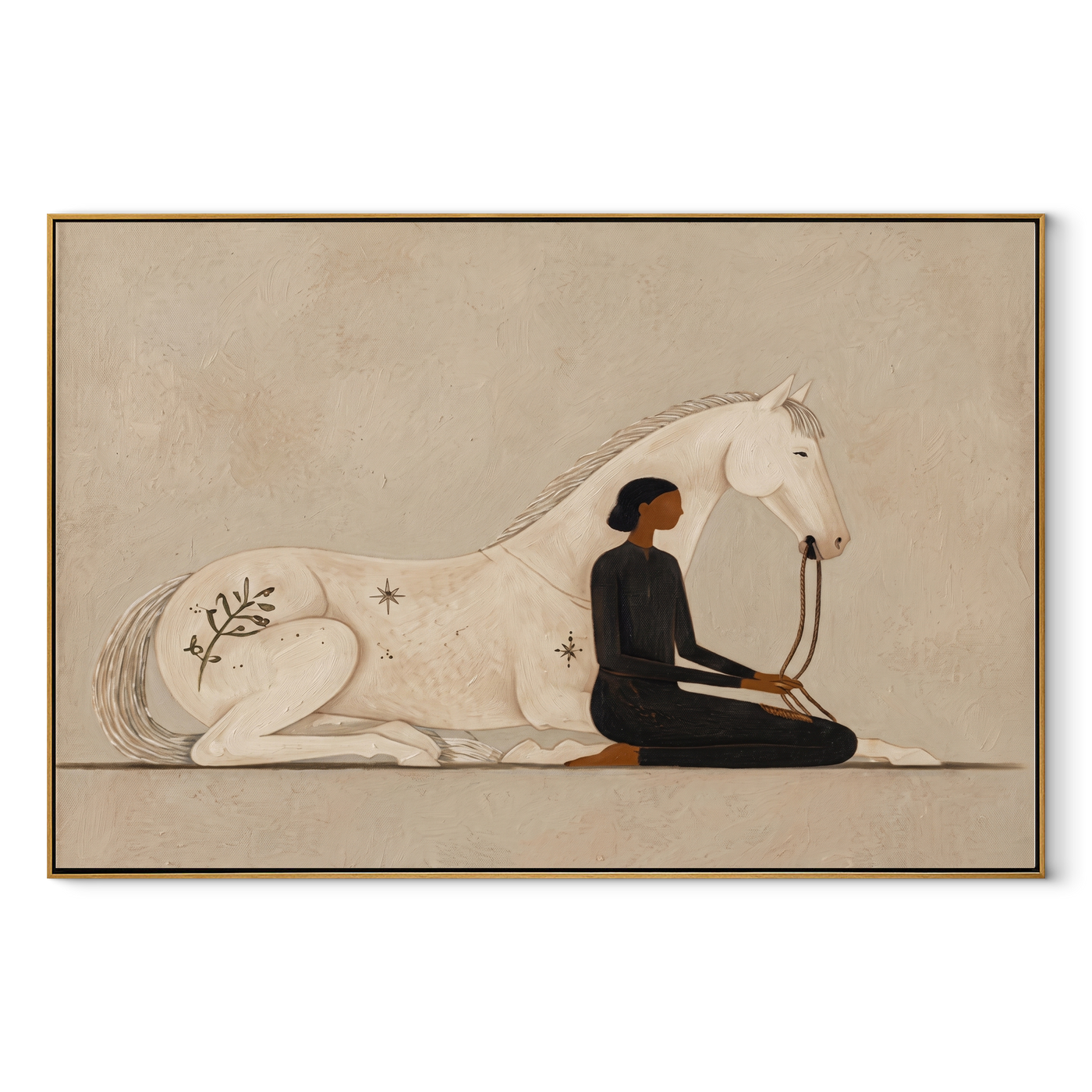 Ivory Horse Guards Stillness - woman and white horse painting by Hannah Brooks, minimalist figurative horizontal wall art – wood frame on white background