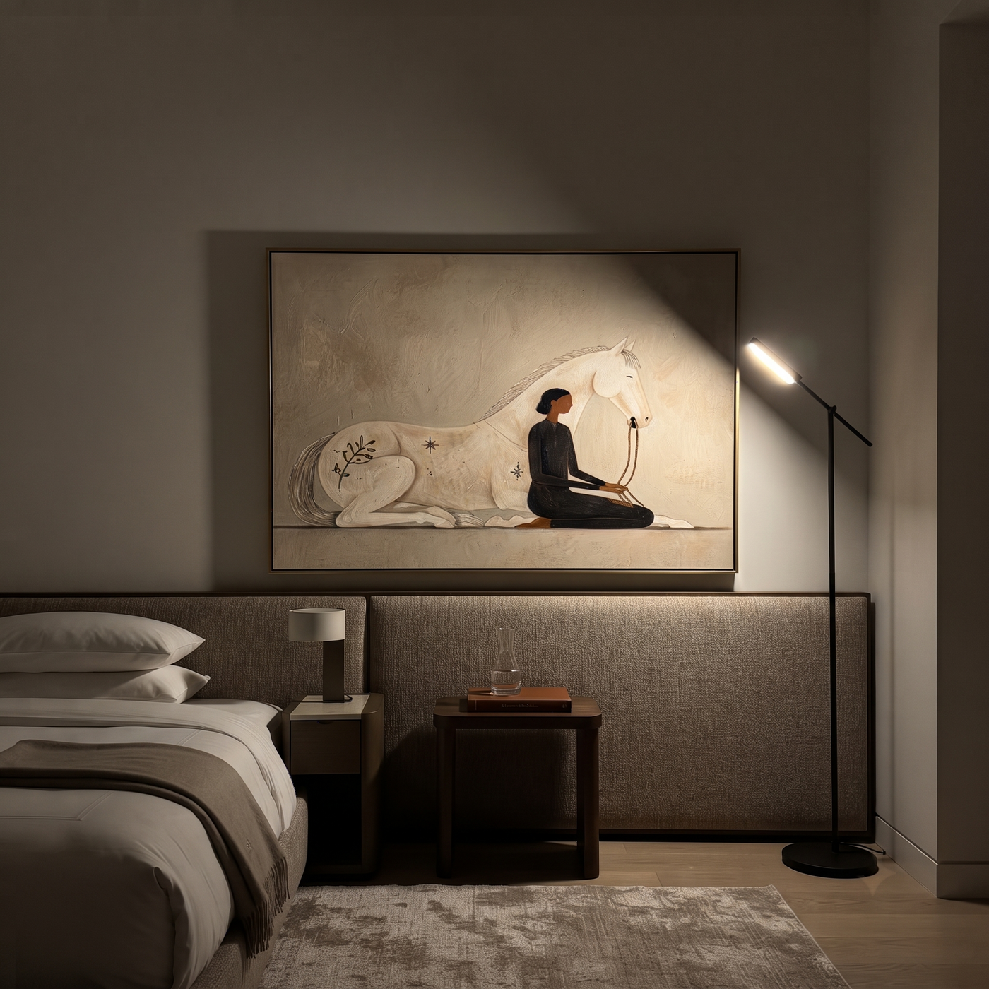 Ivory Horse Guards Stillness - woman and white horse painting by Hannah Brooks, minimalist figurative horizontal wall art – styled room scene view 3
