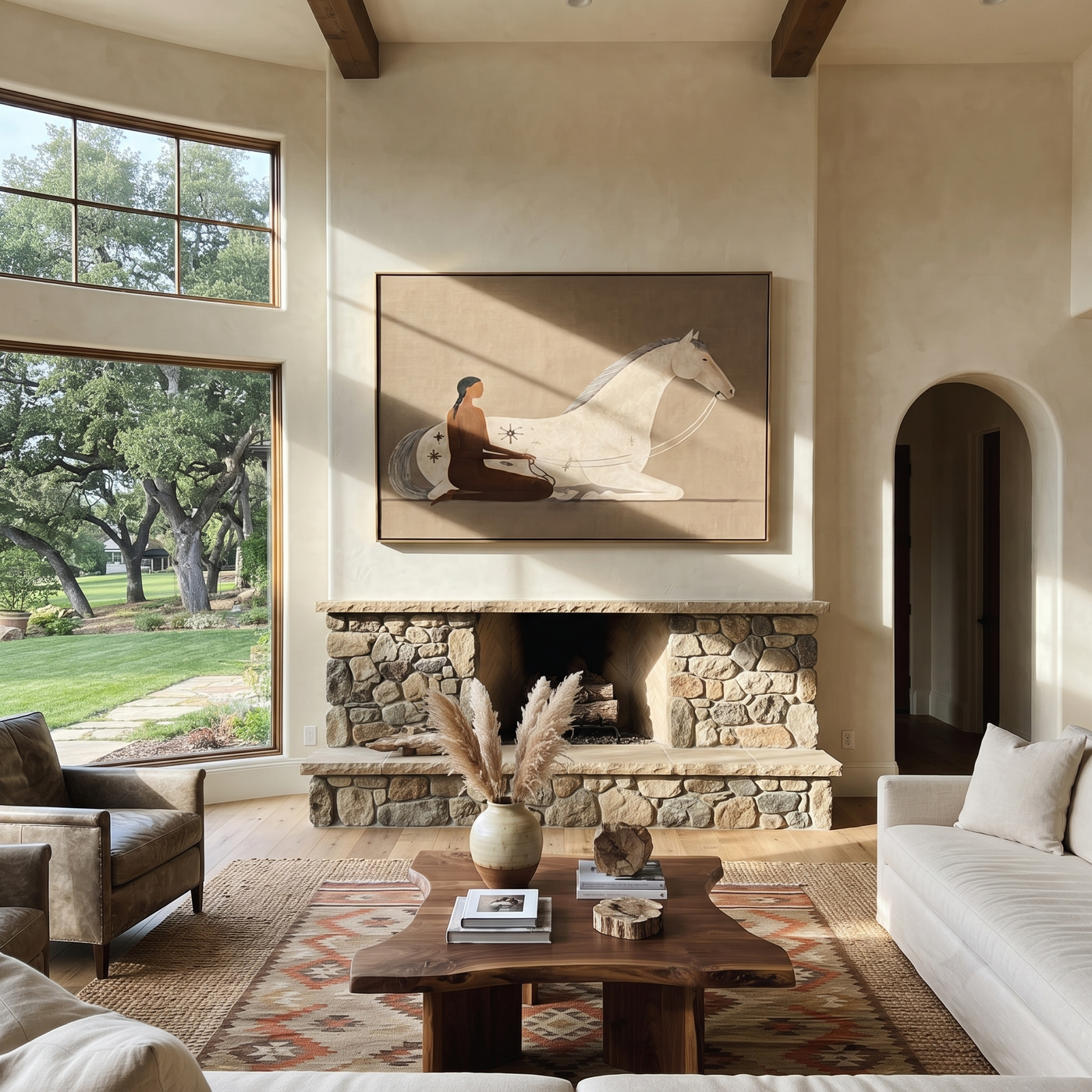Reins Curve Through Taupe - woman and white horse painting by Hannah Brooks, minimalist figurative horizontal wall art – styled room scene view 1