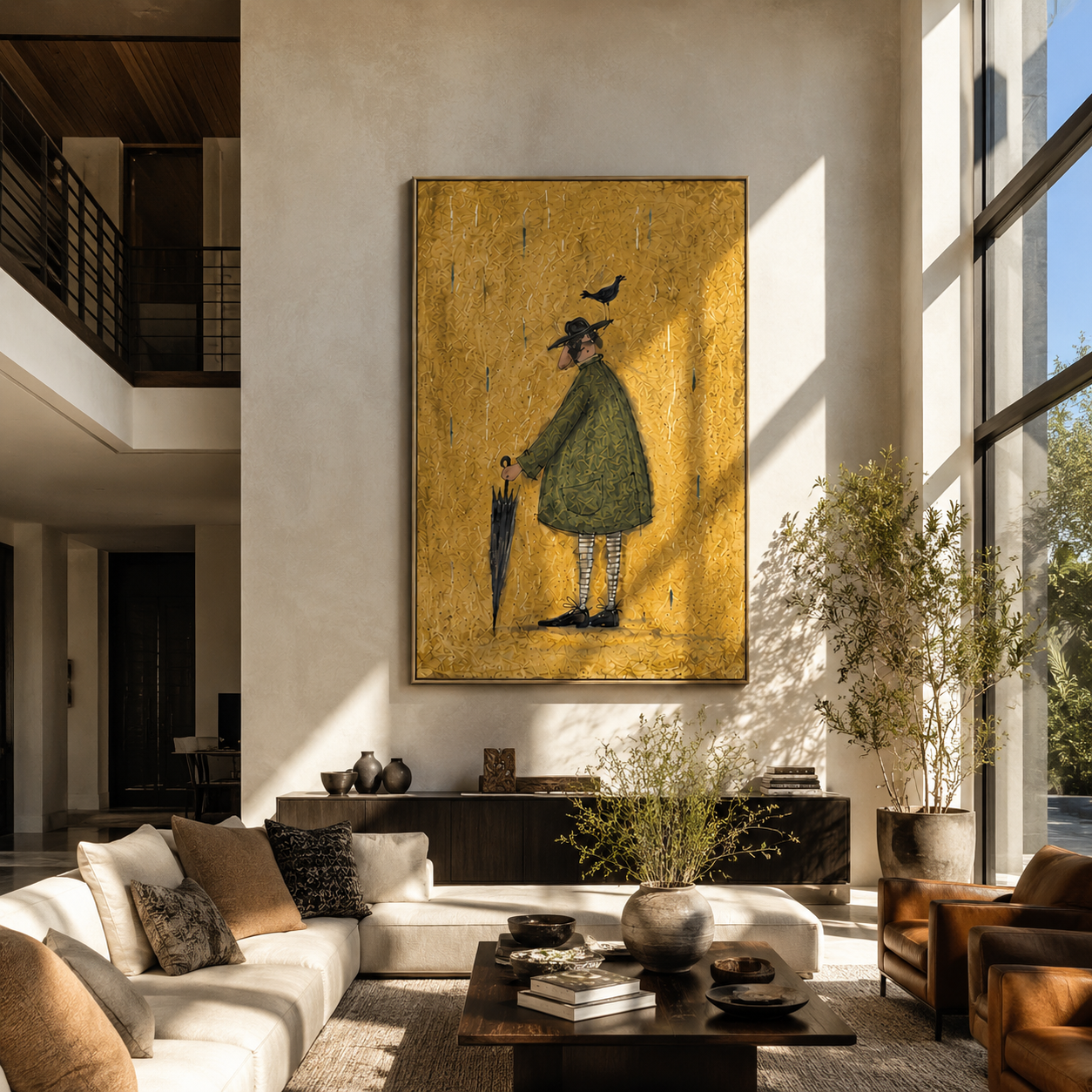 Crow Balances Before Rain - man with bird and umbrella painting by Hannah Brooks, minimalist figurative vertical wall art – styled room scene view 2