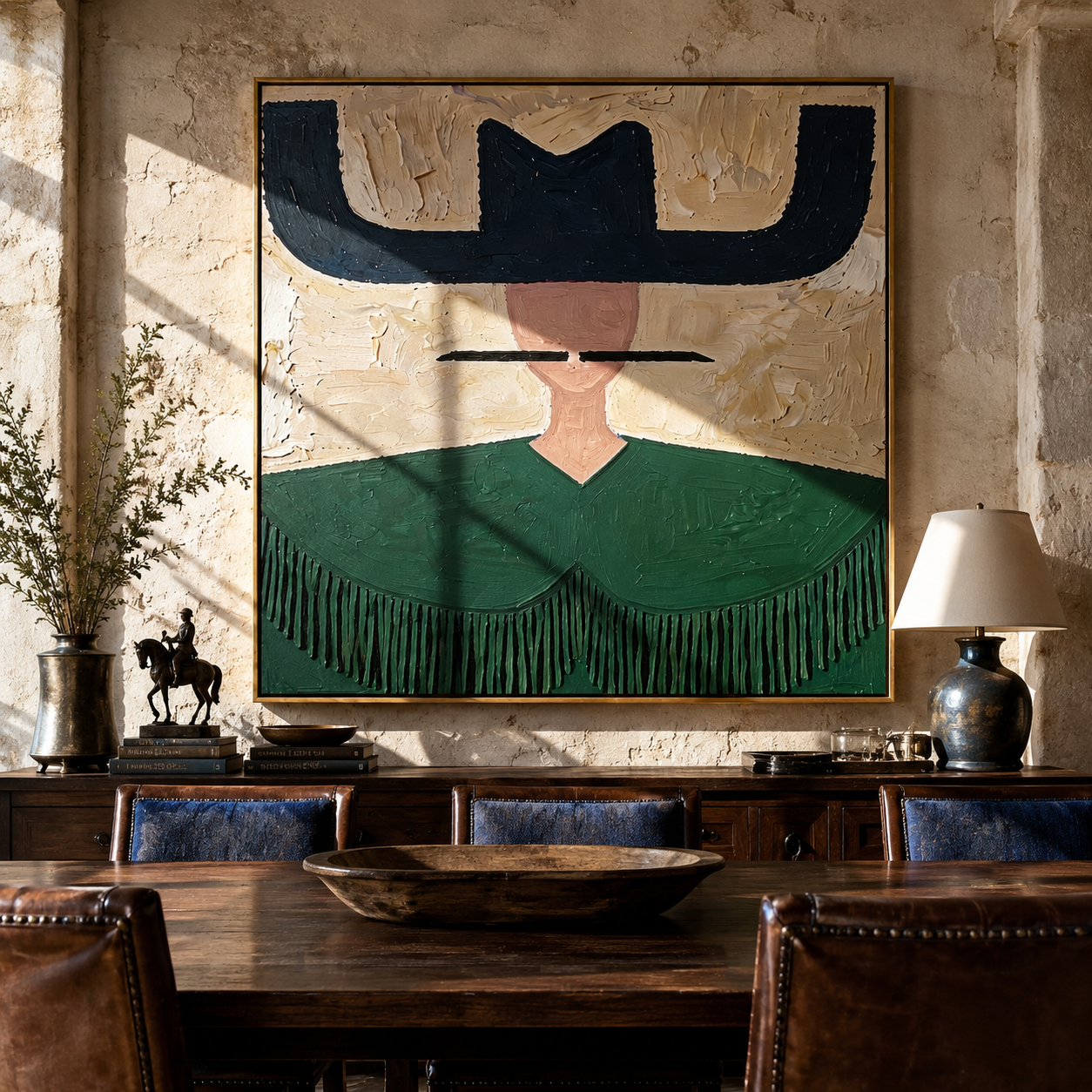 Navy Wings Guard Fringe - green fringe western painting by Elliot Vale, modern figurative square wall art - styled room scene view 2
