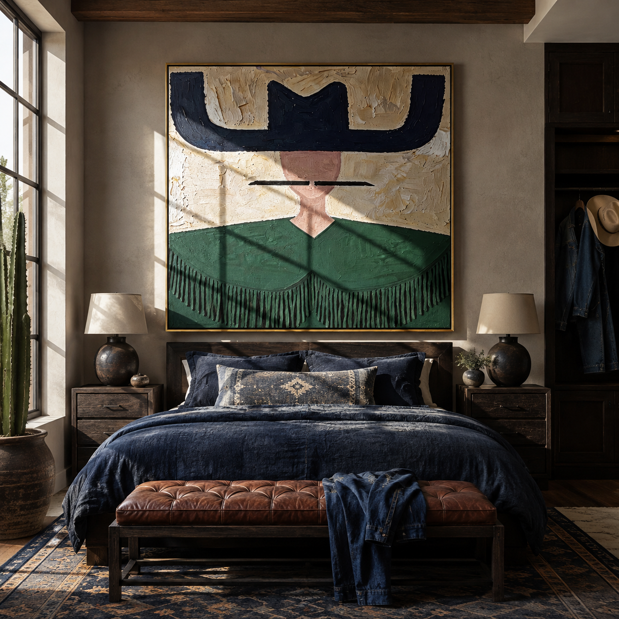 Navy Wings Guard Fringe - green fringe western painting by Elliot Vale, modern figurative square wall art - styled room scene view 3
