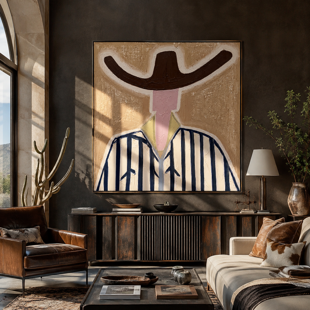 Brown Wings Shade Blue - blue striped cowboy painting by Elliot Vale, modern figurative square wall art - styled room scene view 1