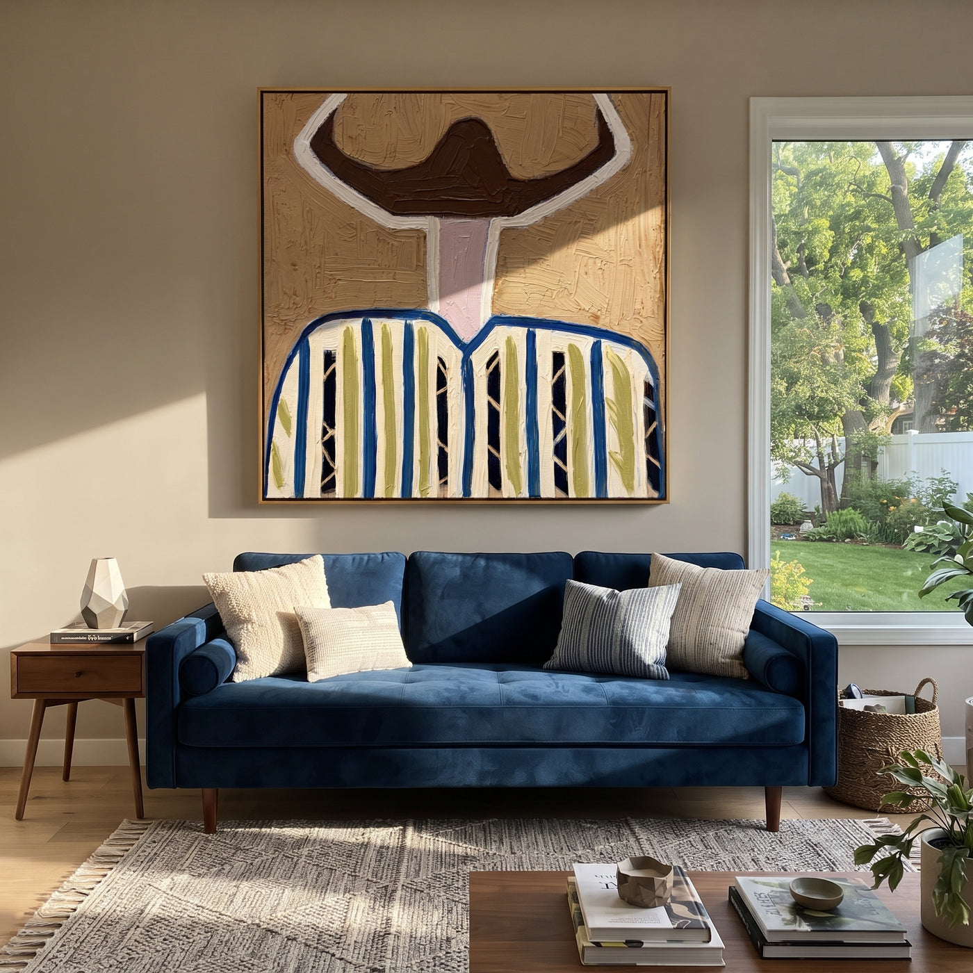 White Halo Frames Brown - blue striped hat figure painting by Elliot Vale, modern figurative square wall art - styled room scene view 3