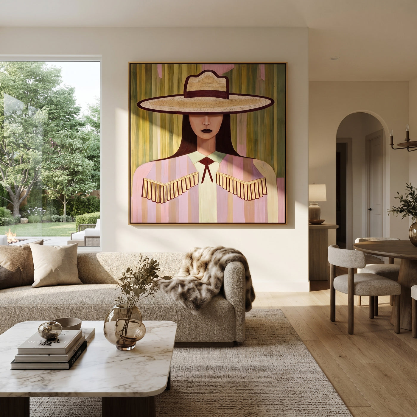 Ivory Brim Holds Fringe - pastel cowgirl portrait painting by Elliot Vale, modern figurative square wall art - styled room scene view 3