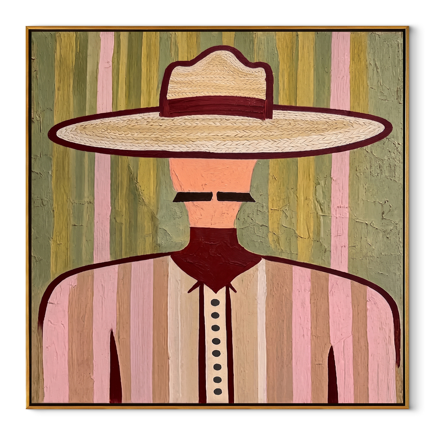 Pastel Brim Frames Mustache - pastel western man painting by Elliot Vale, modern figurative square wall art - framed artwork on white background