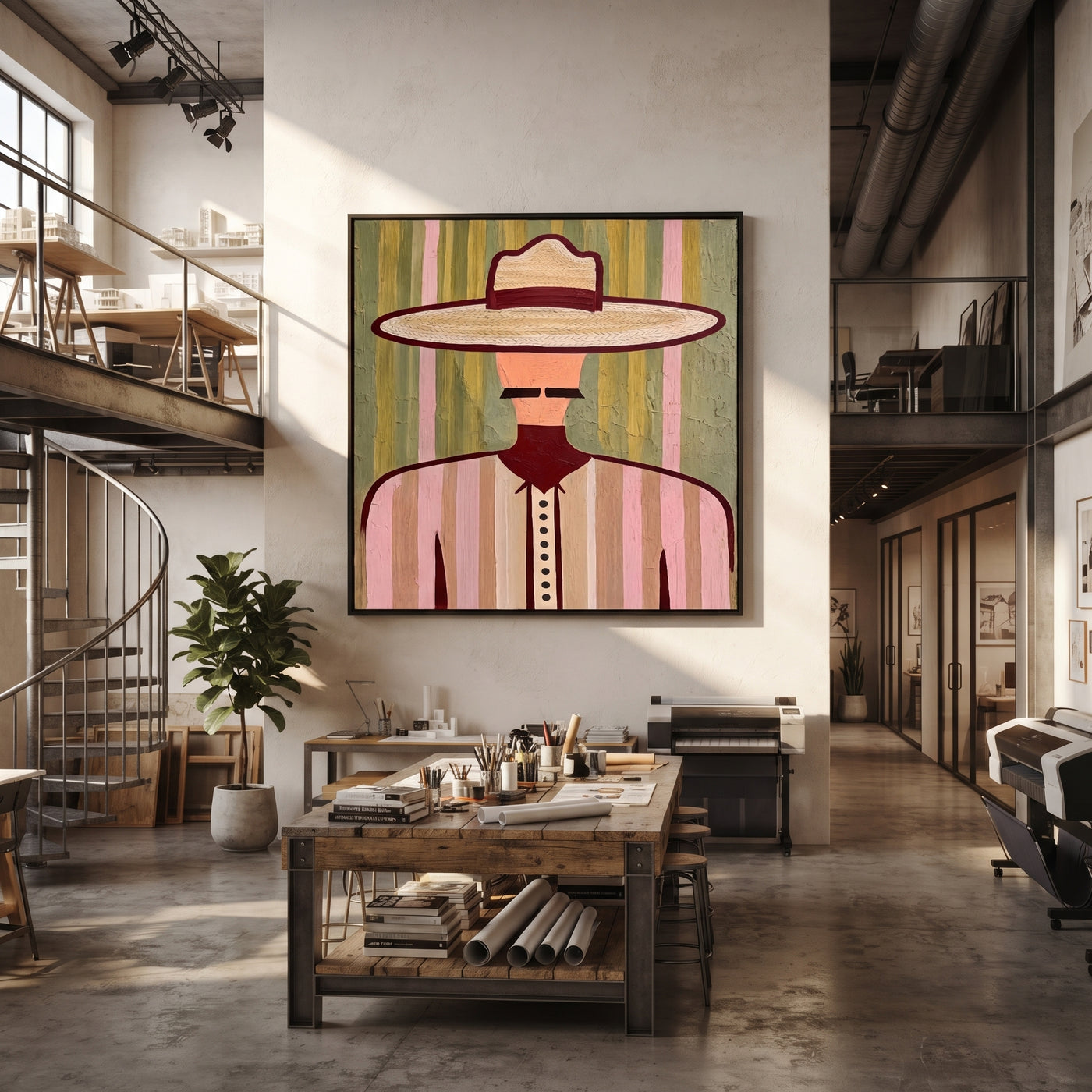 Pastel Brim Frames Mustache - pastel western man painting by Elliot Vale, modern figurative square wall art - styled room scene view 2