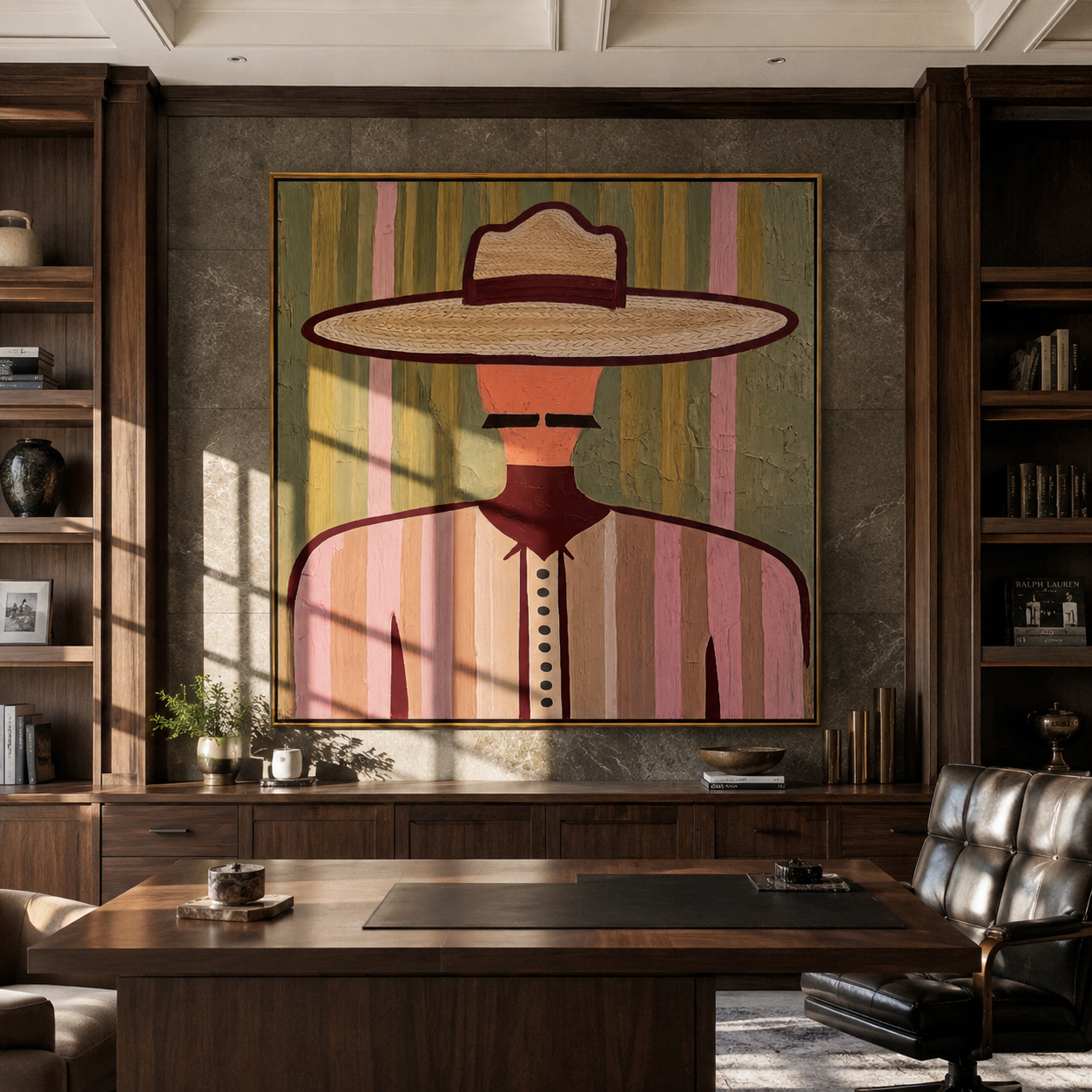 Pastel Brim Frames Mustache - pastel western man painting by Elliot Vale, modern figurative square wall art - styled room scene view 3