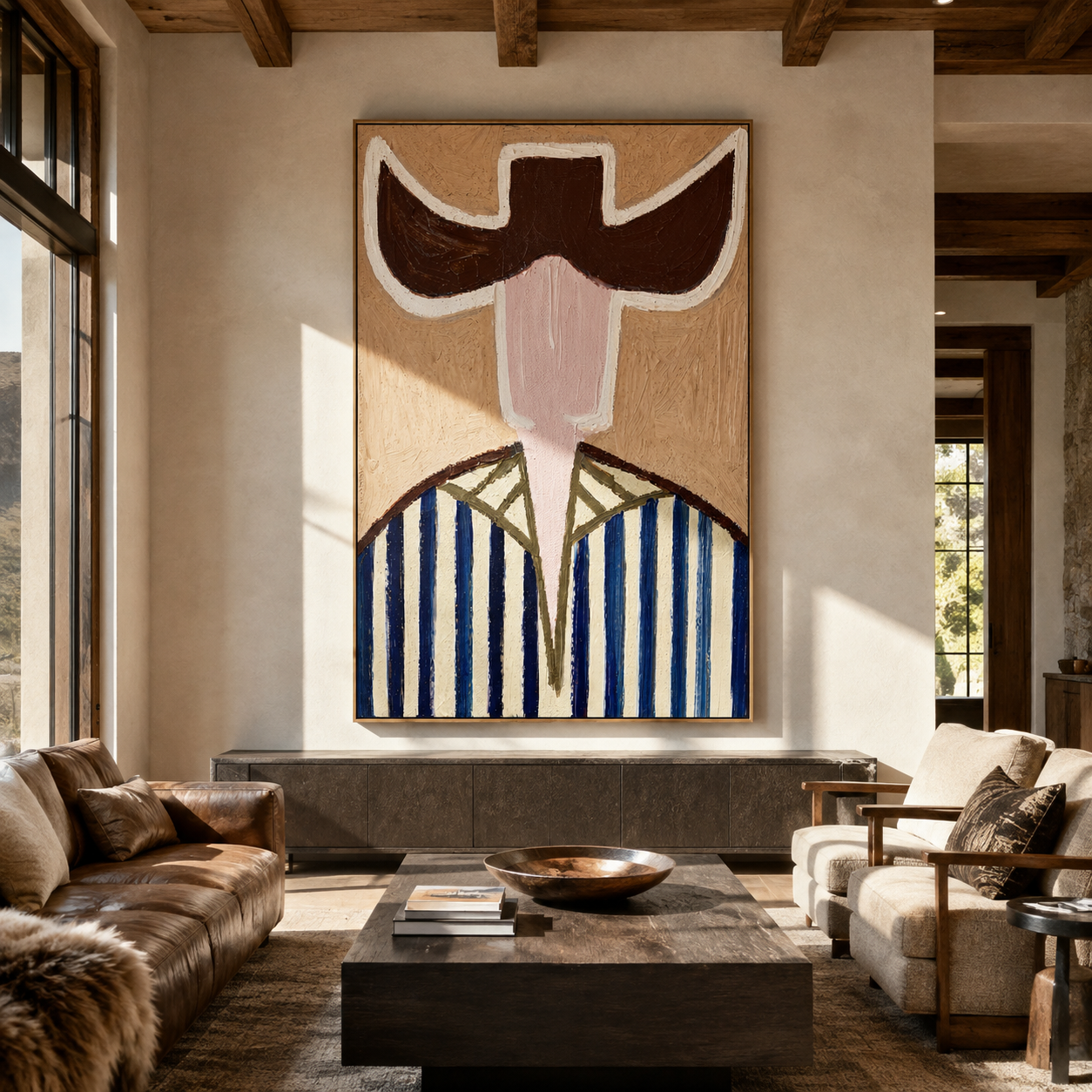 Brown Wings Divide Blue - blue striped cowboy figure painting by Elliot Vale, modern figurative vertical wall art - styled room scene view 1