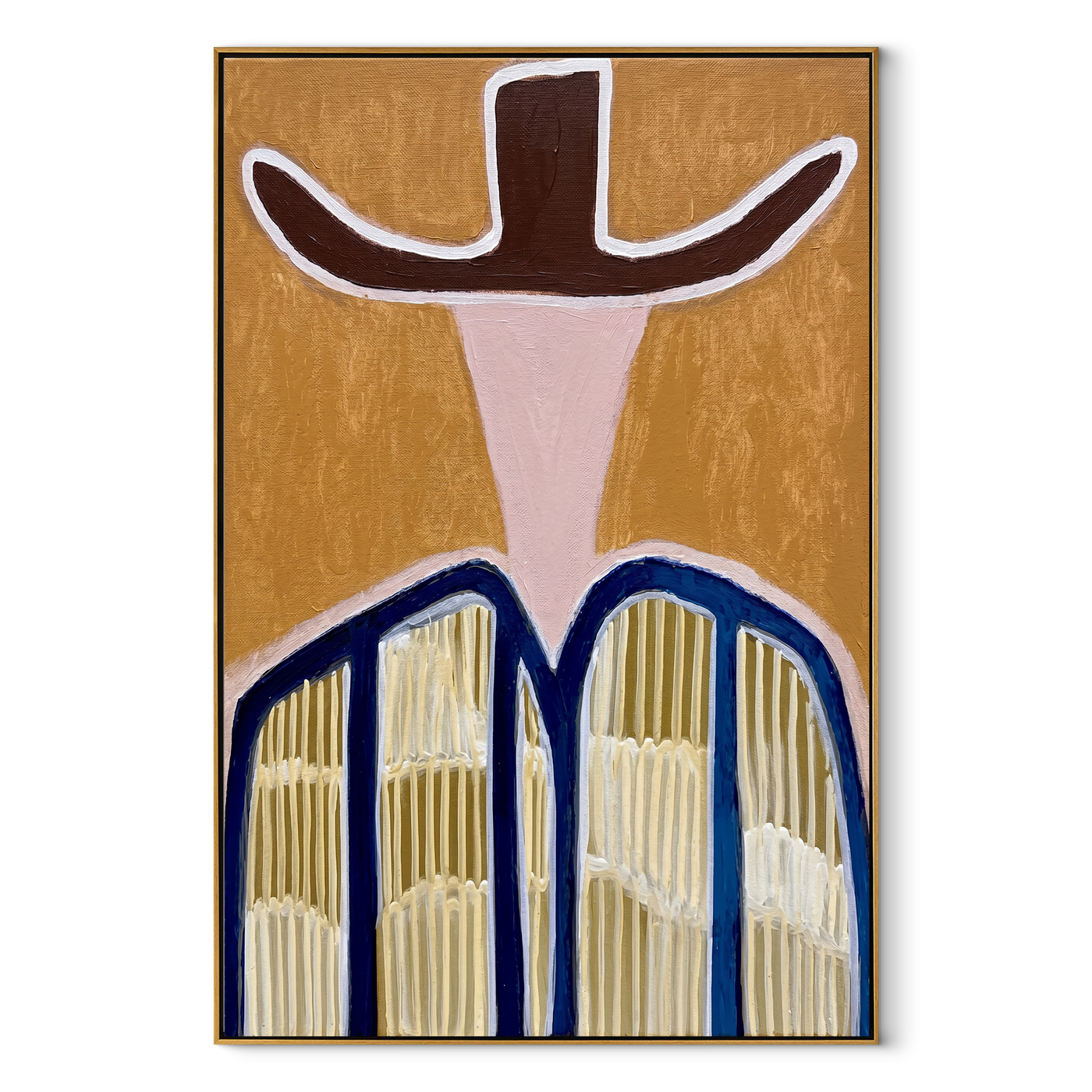 Dark Brim Crowns Linen - neutral striped hat figure painting by Elliot Vale, modern figurative vertical wall art - framed artwork on white background