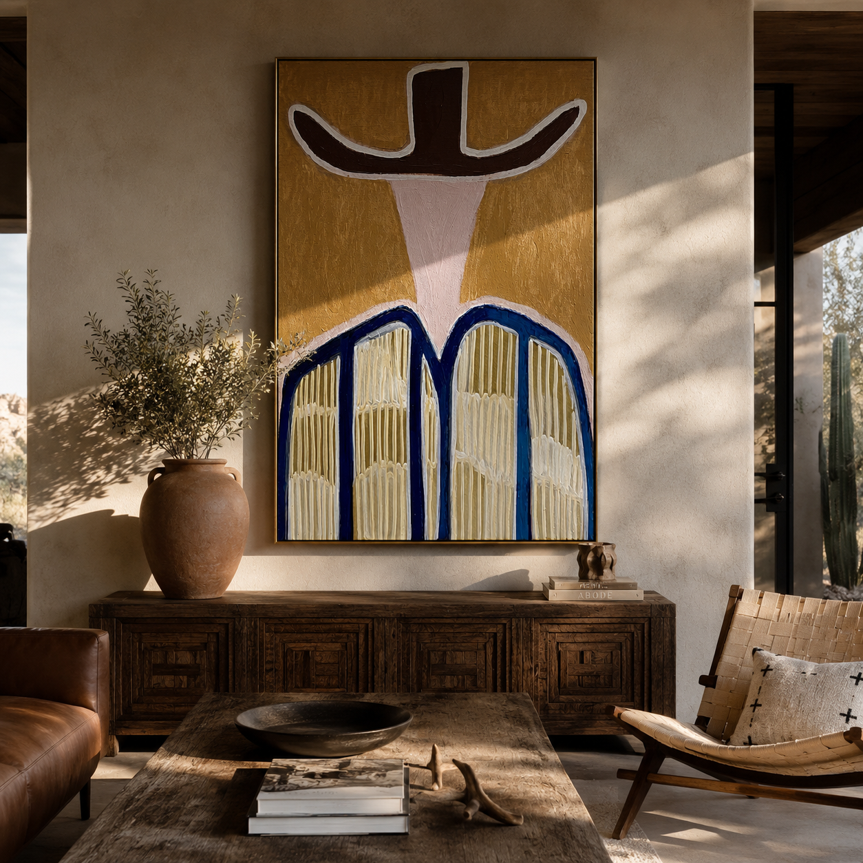 Dark Brim Crowns Linen - neutral striped hat figure painting by Elliot Vale, modern figurative vertical wall art - styled room scene view 2
