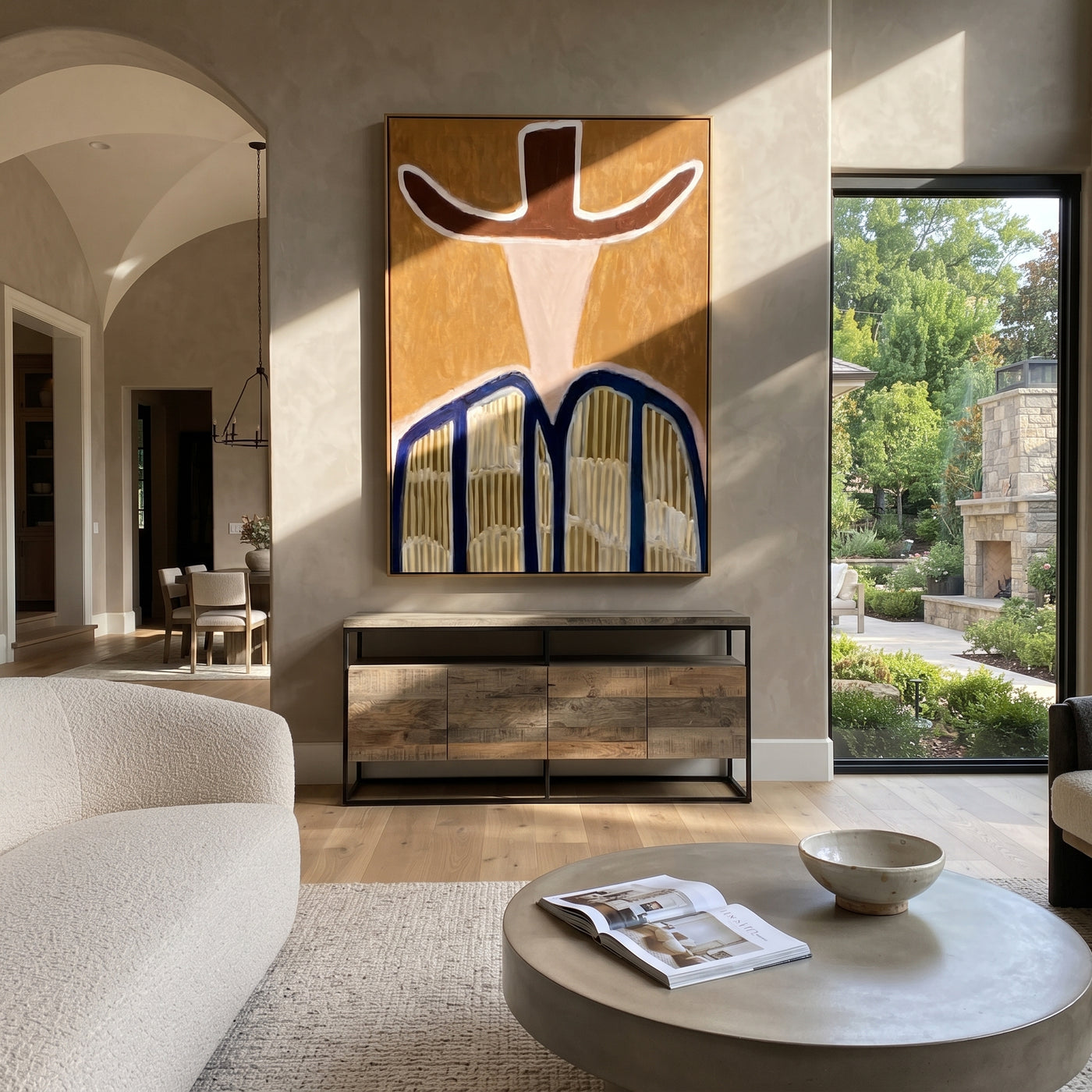 Dark Brim Crowns Linen - neutral striped hat figure painting by Elliot Vale, modern figurative vertical wall art - styled room scene view 3