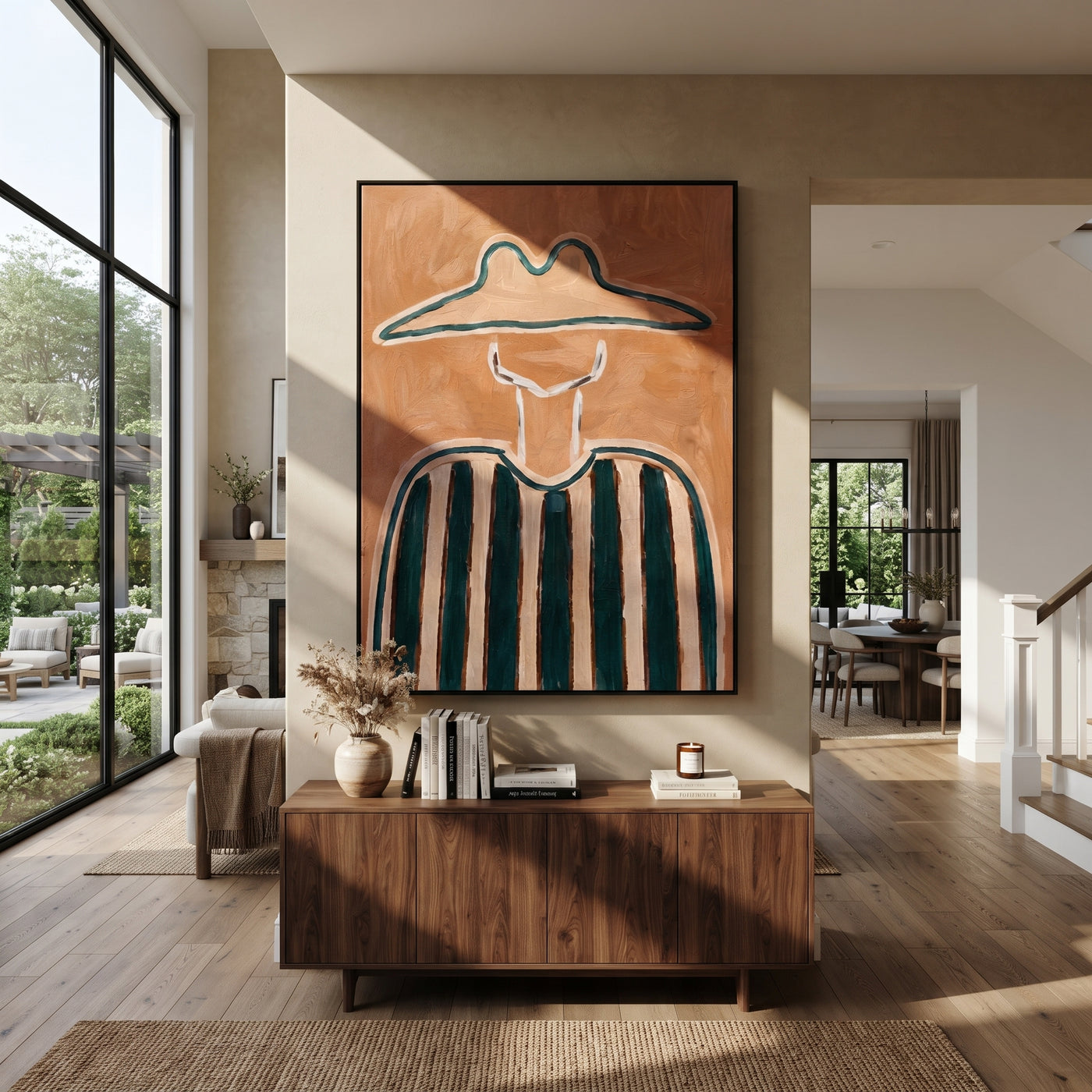 Teal Peaks Hold Rust - green striped figure painting by Elliot Vale, modern figurative vertical wall art - styled room scene view 3