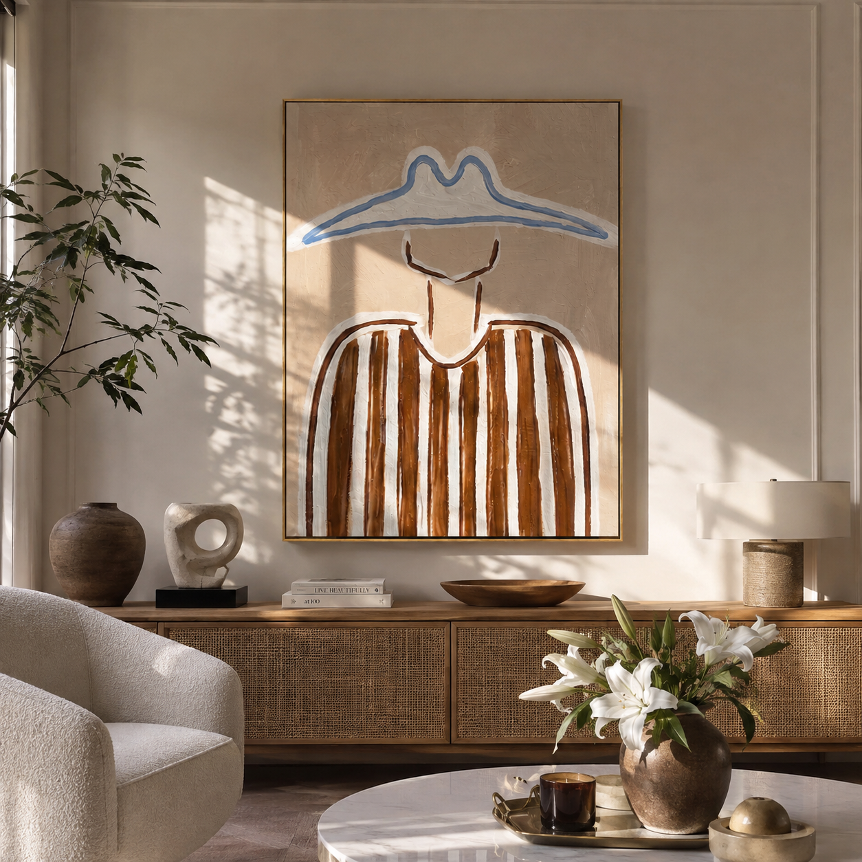 Blue Peaks Shade Brown - brown striped figure painting by Elliot Vale, modern figurative vertical wall art - styled room scene view 1