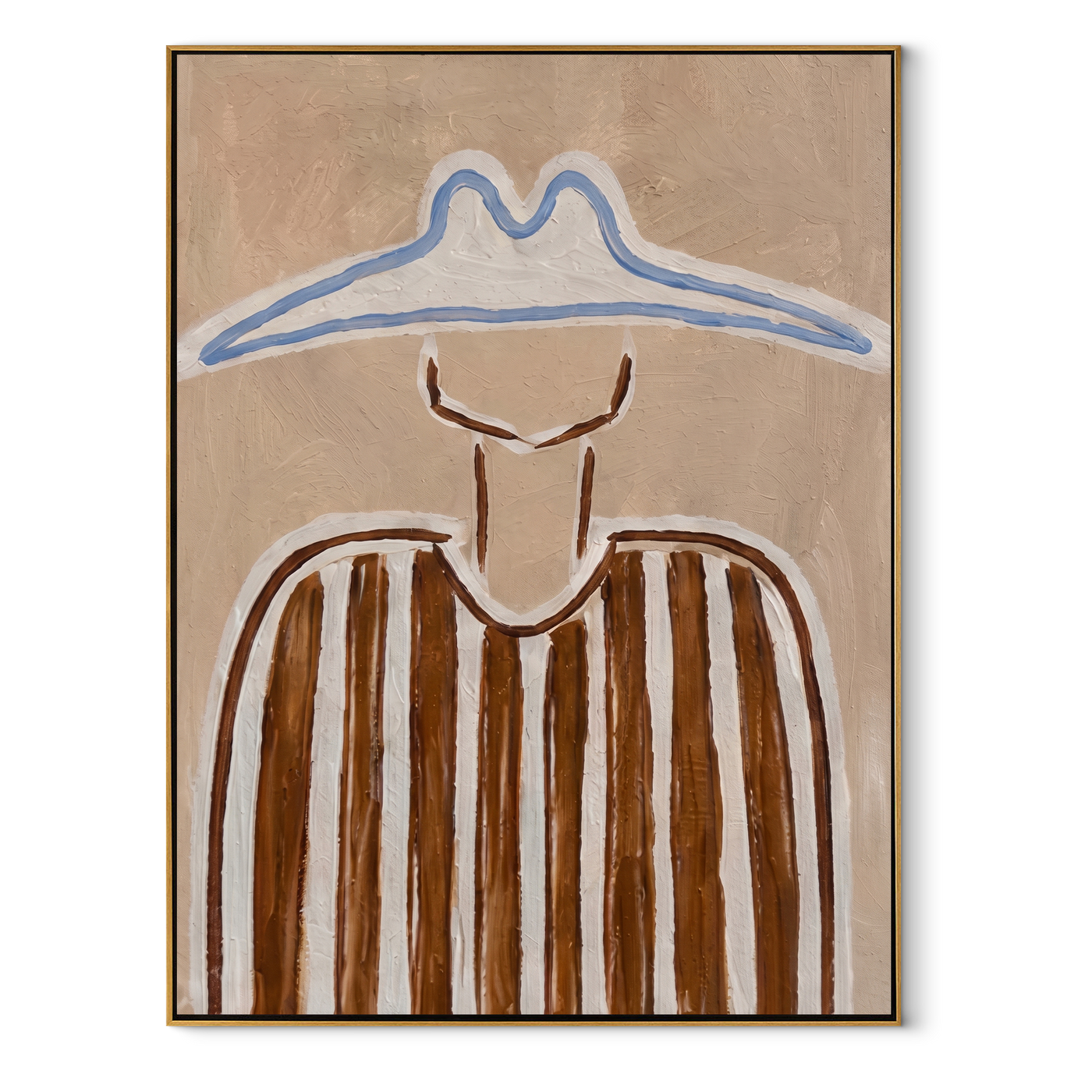 Blue Peaks Shade Brown - brown striped figure painting by Elliot Vale, modern figurative vertical wall art - framed artwork on white background
