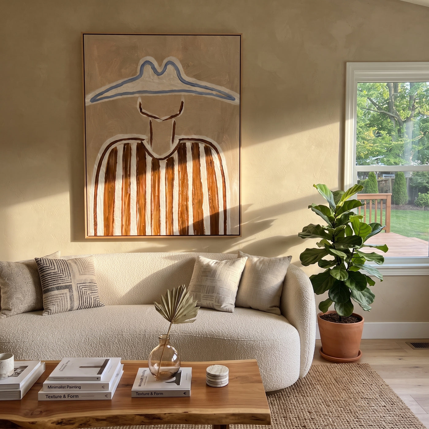 Blue Peaks Shade Brown - brown striped figure painting by Elliot Vale, modern figurative vertical wall art - styled room scene view 3