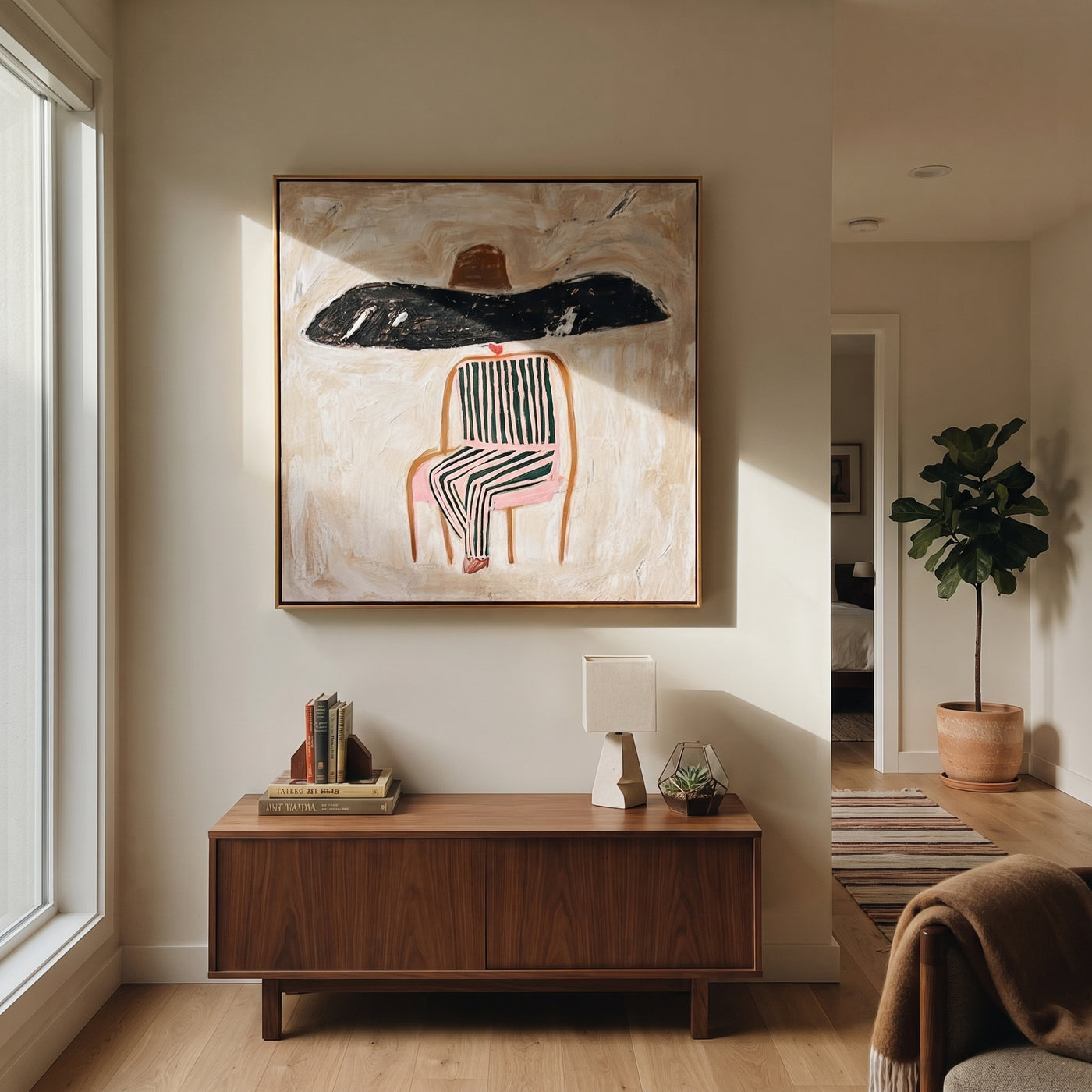 Black Brim Covers Chair - seated striped figure painting by Elliot Vale, modern figurative square wall art - styled room scene view 1
