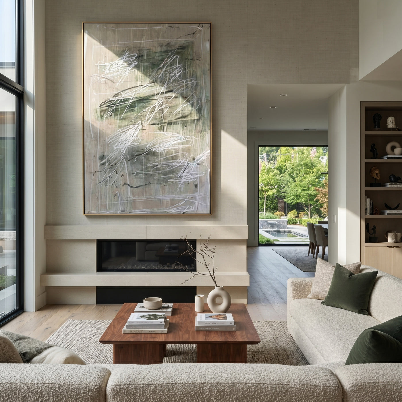 Green Traces Drift Gray - green abstract texture painting by Elliot Vale, modern figurative vertical wall art - styled room scene view 1