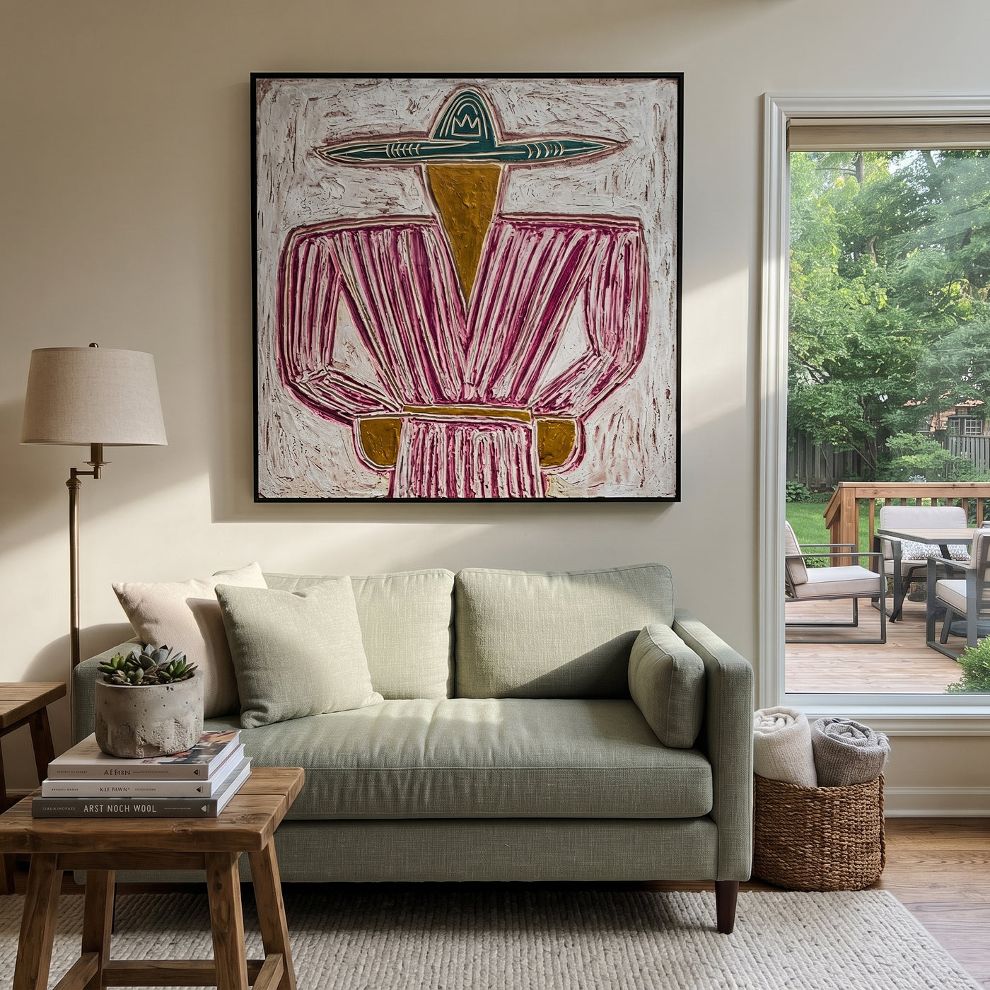 Teal Brim Holds Magenta - magenta striped sombrero painting by Elliot Vale, modern figurative square wall art - styled room scene view 3
