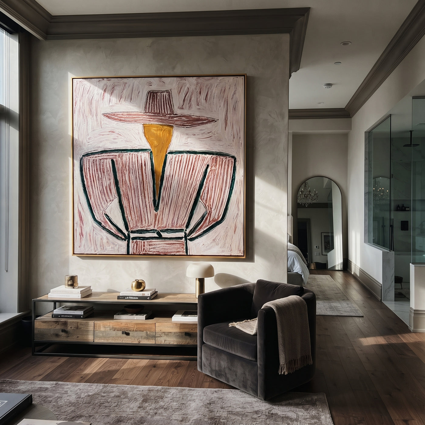 Rose Brim Wraps Gray - gray striped sombrero painting by Elliot Vale, modern figurative square wall art - styled room scene view 3