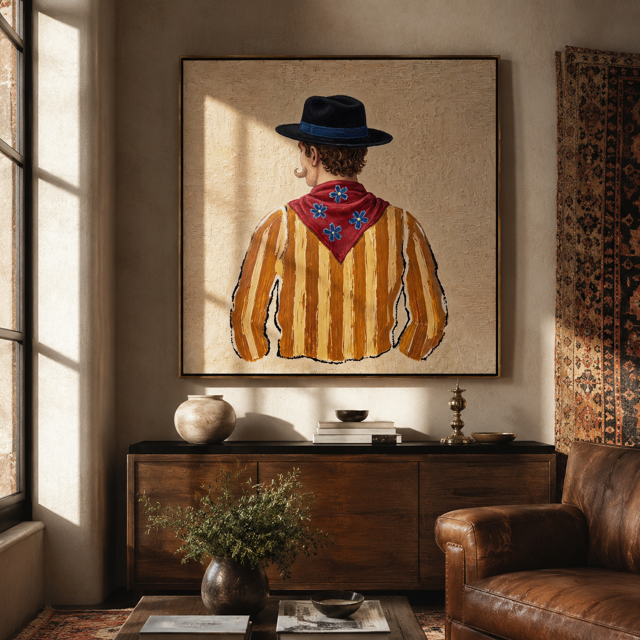 Blue Hat Guards Flowers - back view cowboy painting by Elliot Vale, modern figurative square wall art - styled room scene view 1