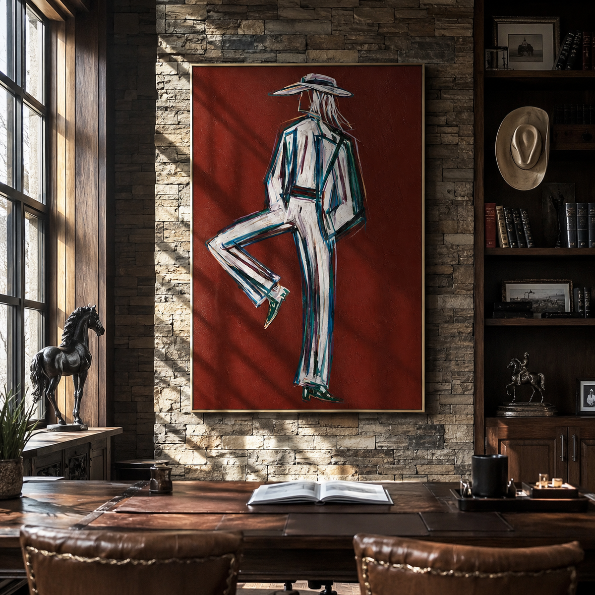 One Heel Holds Still - textured white Western figure by Elliot Vale, modern figurative vertical wall art - styled room scene view 2
