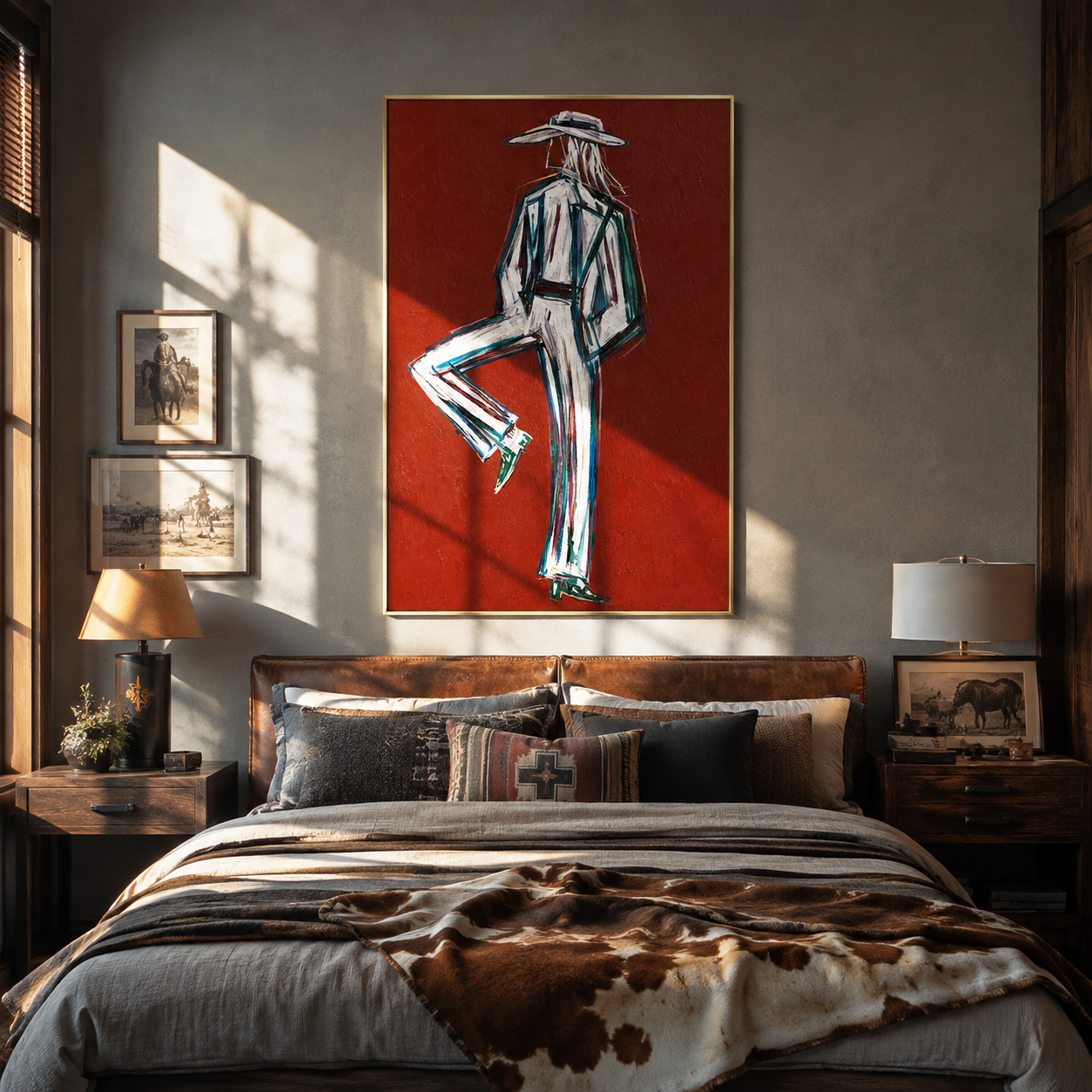One Heel Holds Still - textured white Western figure by Elliot Vale, modern figurative vertical wall art - styled room scene view 3