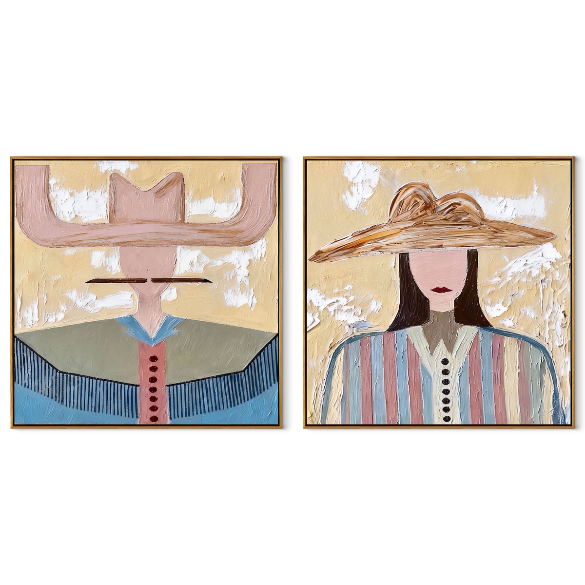 Pale Brims Meet Stripes - contrasting hat women by Elliot Vale, modern figurative set of 2 wall art - complete two-panel artwork set on white background