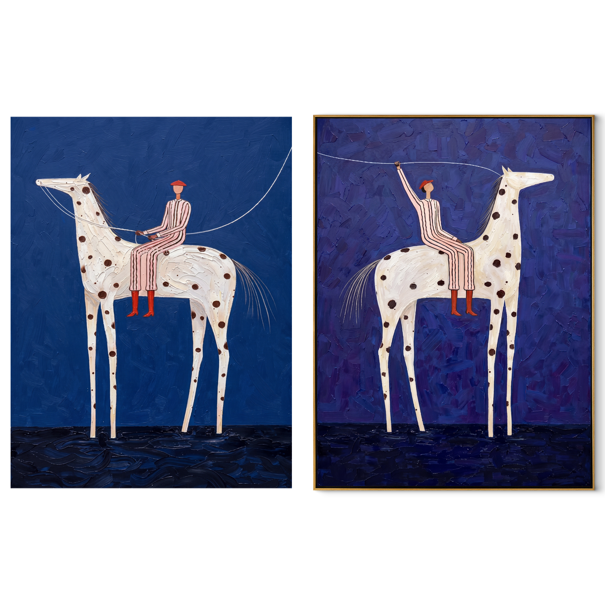 Spotted Riders Cross Blue - blue spotted horse riders by Elliot Vale, modern figurative set of 2 wall art - complete two-panel artwork set on white background
