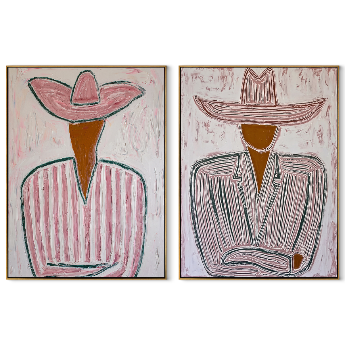 Two Lines Hold Hats - linear Western figures by Elliot Vale, modern figurative set of 2 wall art - complete two-panel artwork set on white background