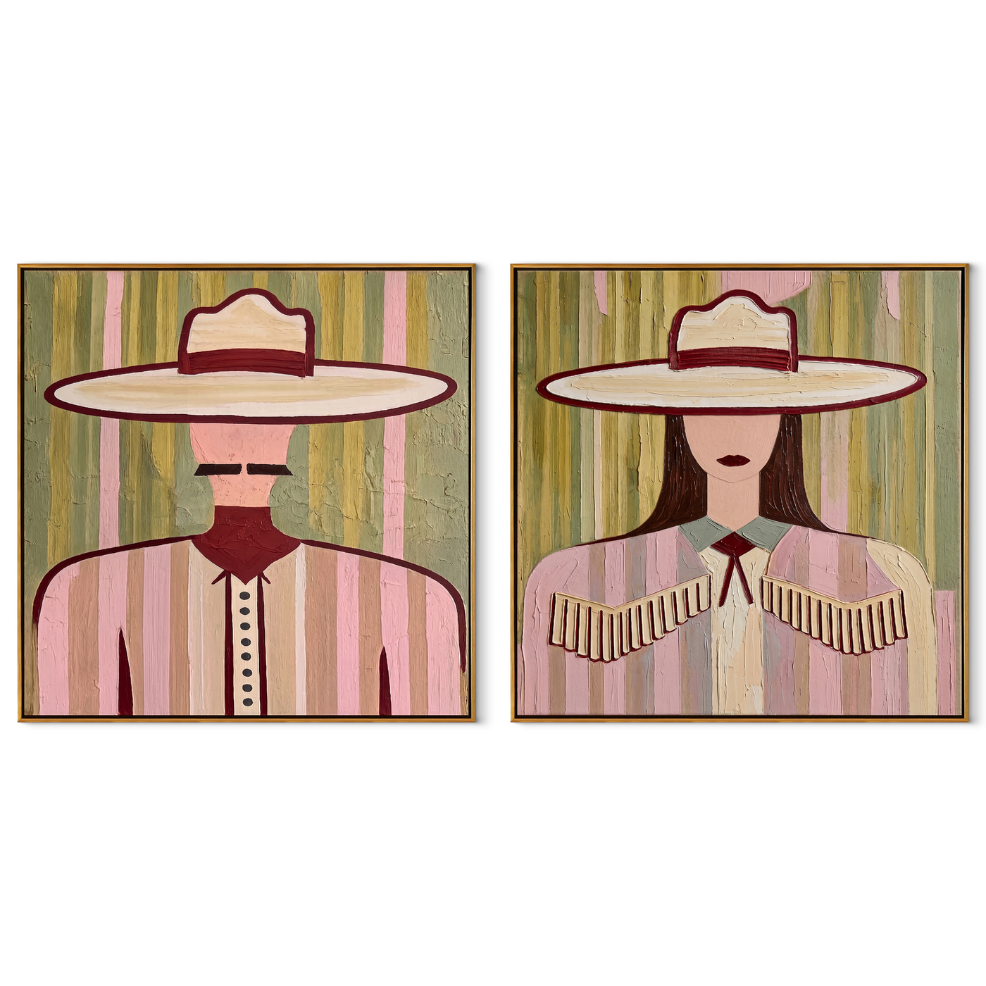 Rose Brims Hold Stripes - pink Western women by Elliot Vale, modern figurative set of 2 wall art - complete two-panel artwork set on white background