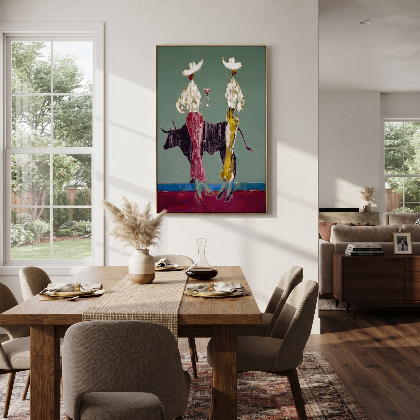 Bull Divides White Hats - bull cowgirl pair painting by Ethan Mercer, contemporary Western vertical wall art – styled room scene view 3
