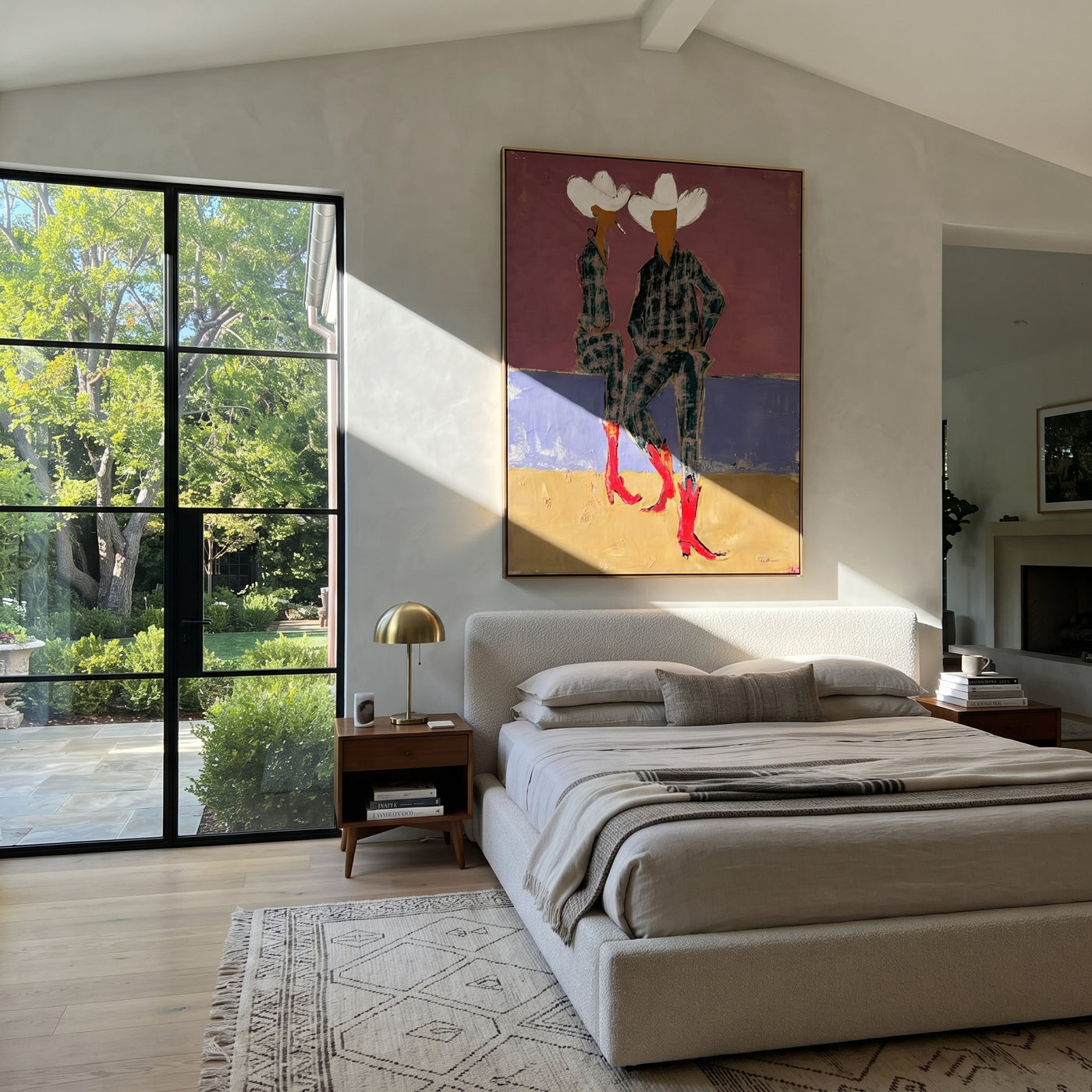 Red Boots Meet Lavender - plaid cowgirl pair painting by Ethan Mercer, contemporary Western vertical wall art – styled room scene view 3