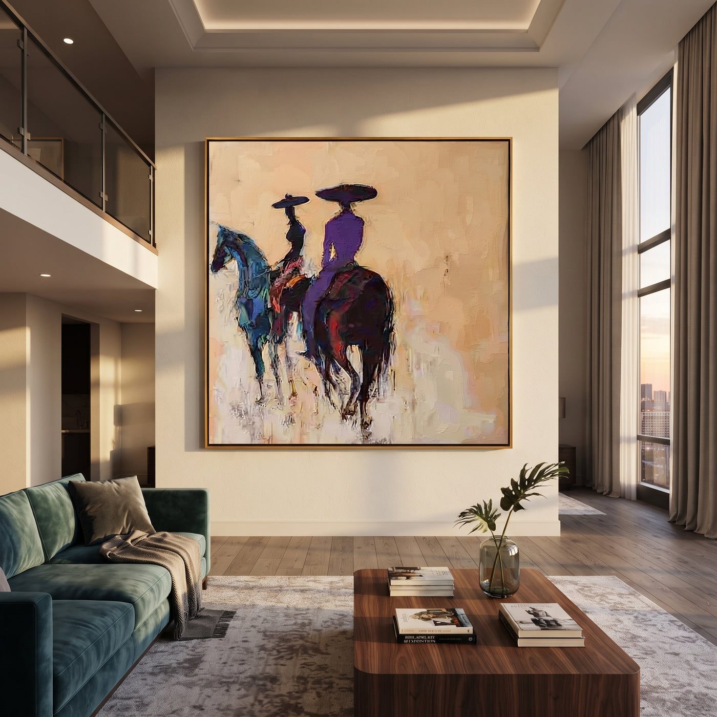 Blue Horses Leave Quietly - rear view horse riders painting by Ethan Mercer, contemporary Western square wall art – styled room scene view 1