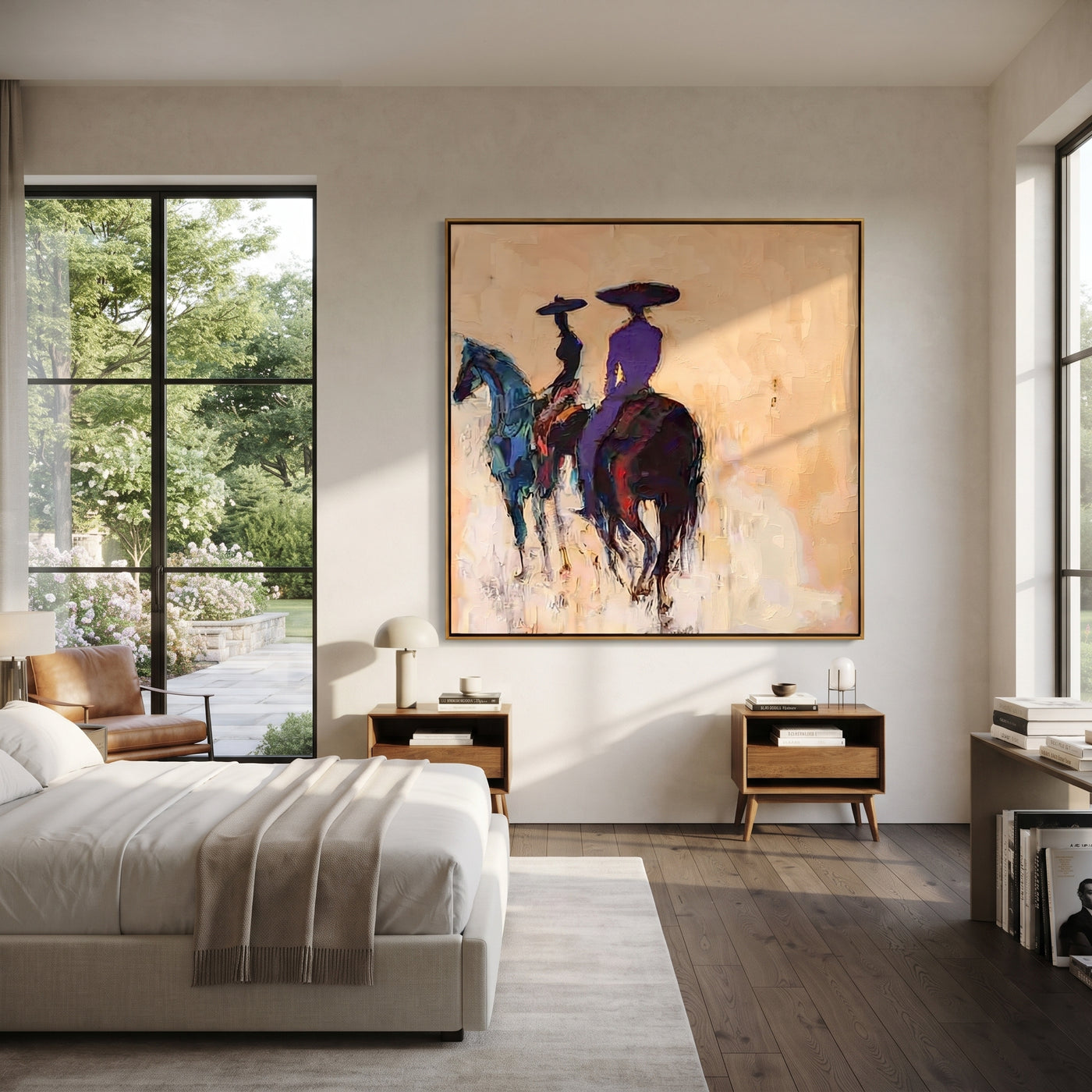 Blue Horses Leave Quietly - rear view horse riders painting by Ethan Mercer, contemporary Western square wall art – styled room scene view 2