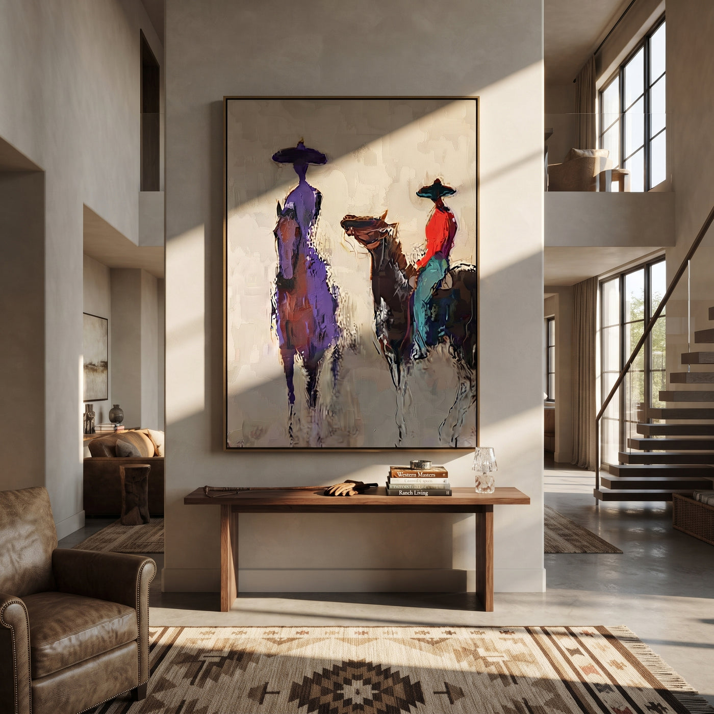 Purple Figure Meets Riders - abstract western riders painting by Ethan Mercer, contemporary Western vertical wall art – styled room scene view 1