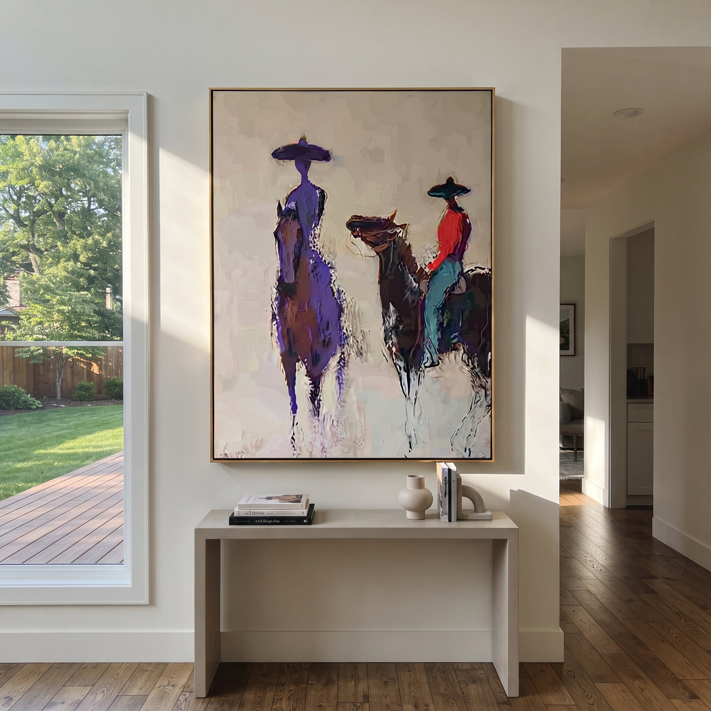 Purple Figure Meets Riders - abstract western riders painting by Ethan Mercer, contemporary Western vertical wall art – styled room scene view 3