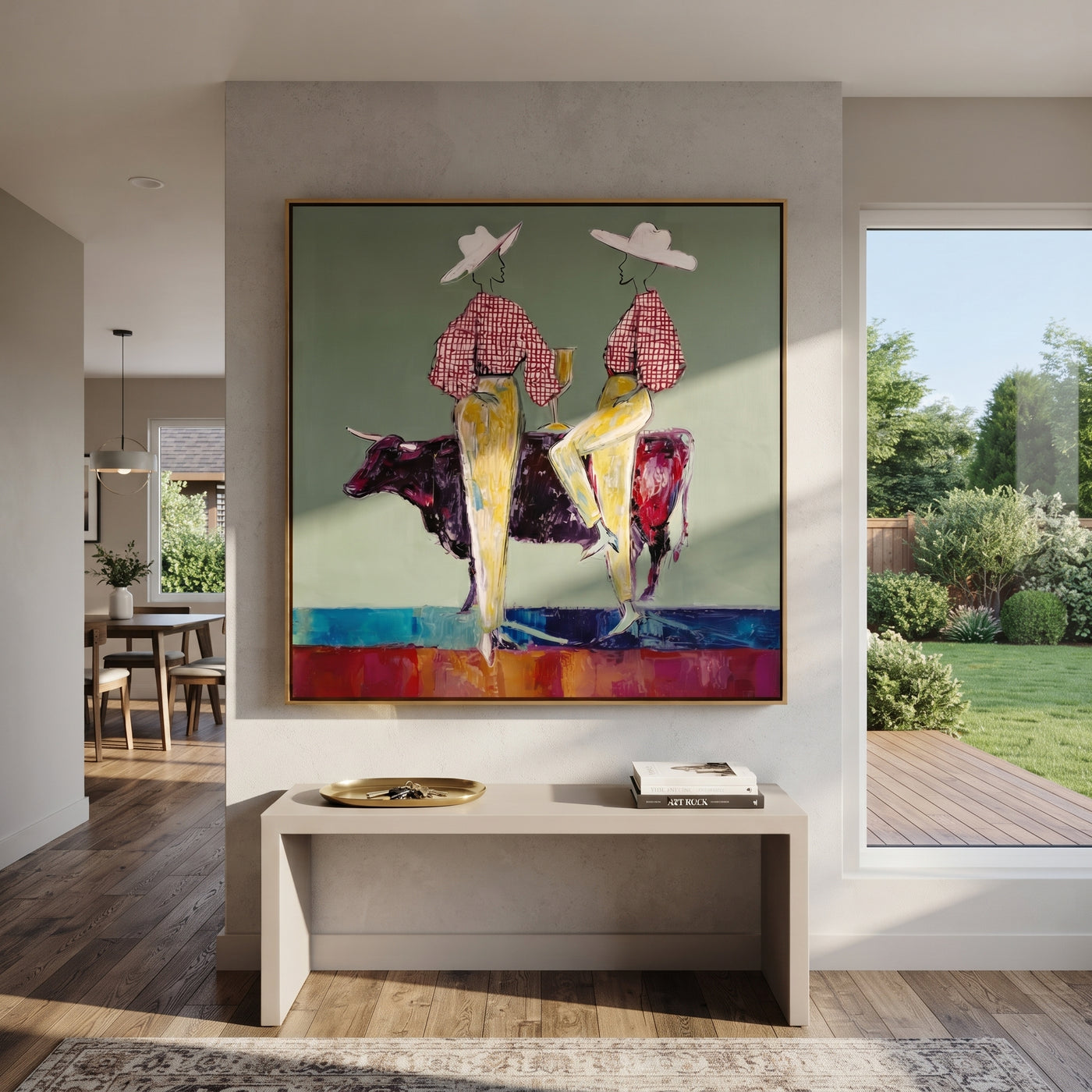 Gold Trousers Frame Bull - bull cowgirl pair painting by Ethan Mercer, contemporary Western square wall art – styled room scene view 1