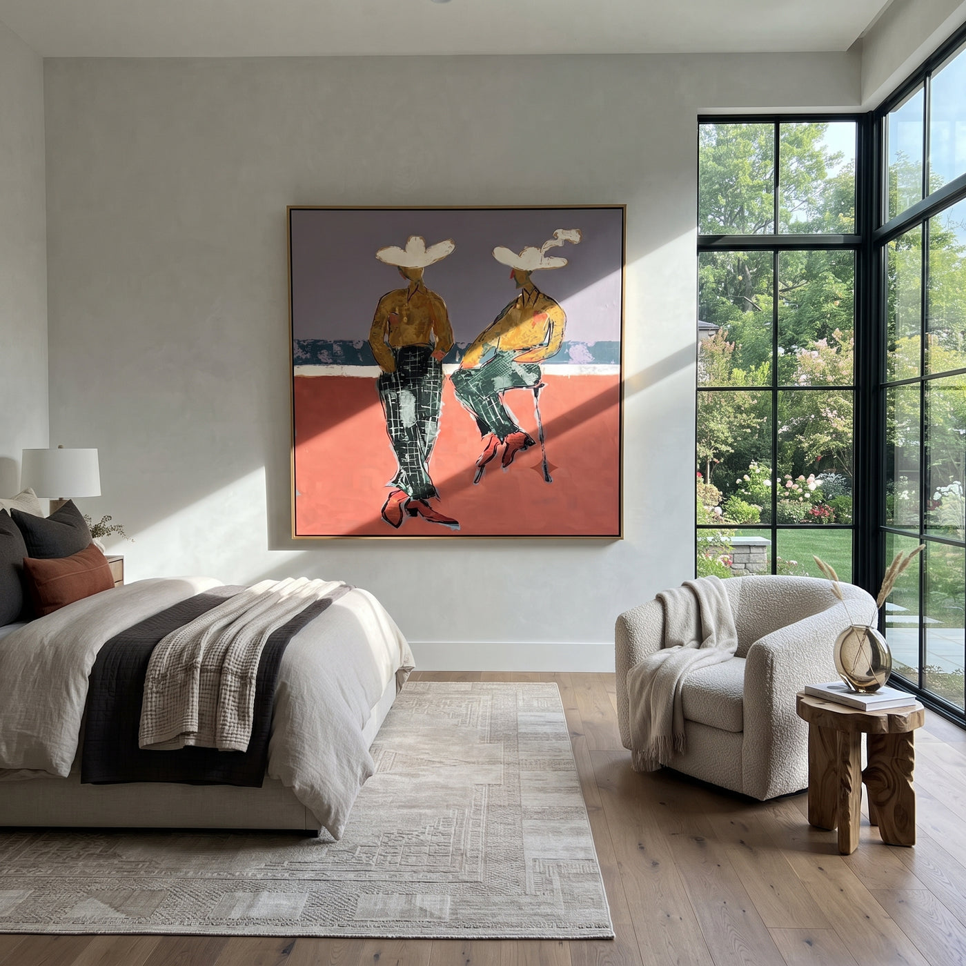 Gold Shirts Hold Horizon - modern cowboy pair painting by Ethan Mercer, contemporary Western square wall art – styled room scene view 2